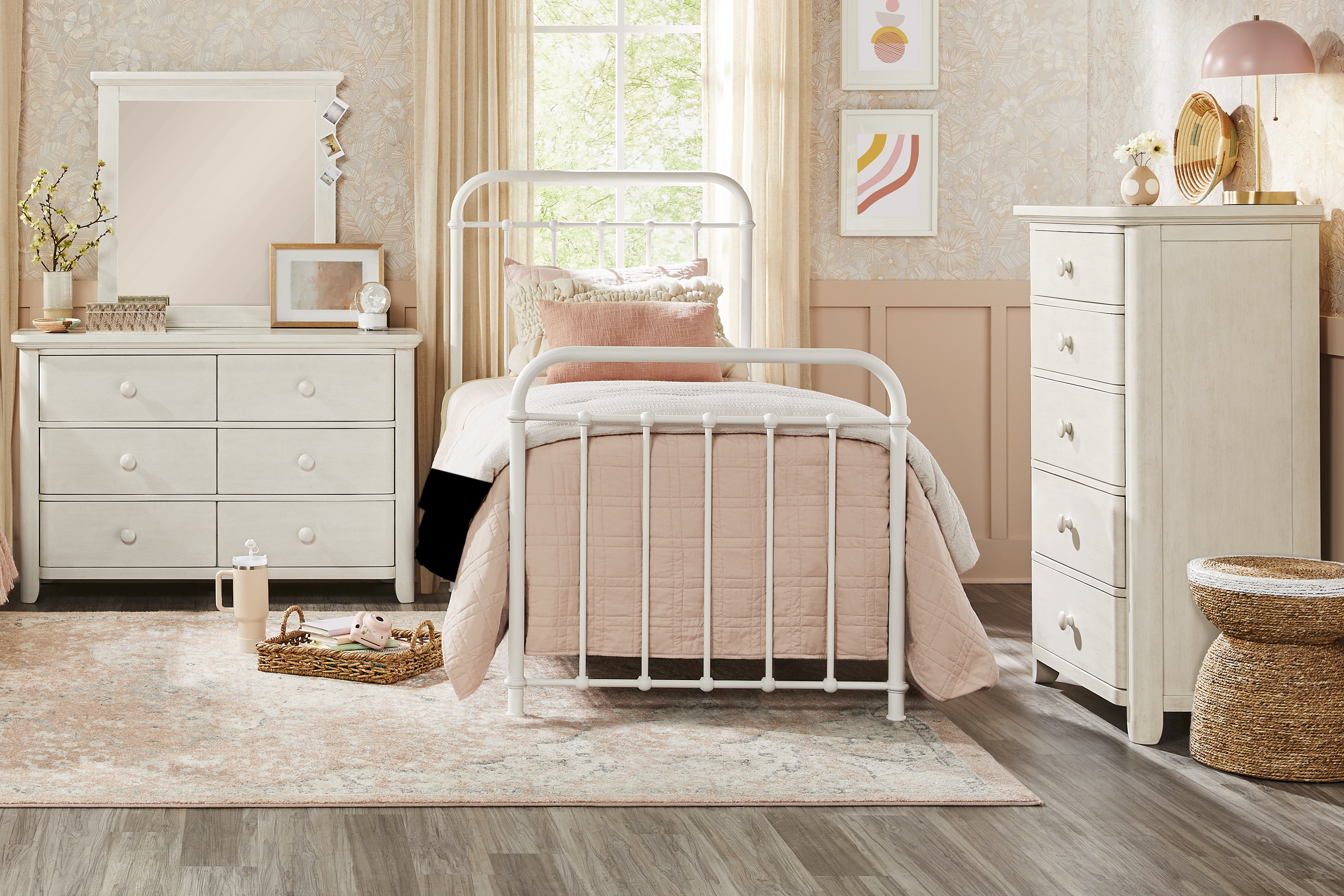 Kids South Bend Washed White Bedroom with Saddlerock White Twin Metal Bed - Thumbnail - Image 1