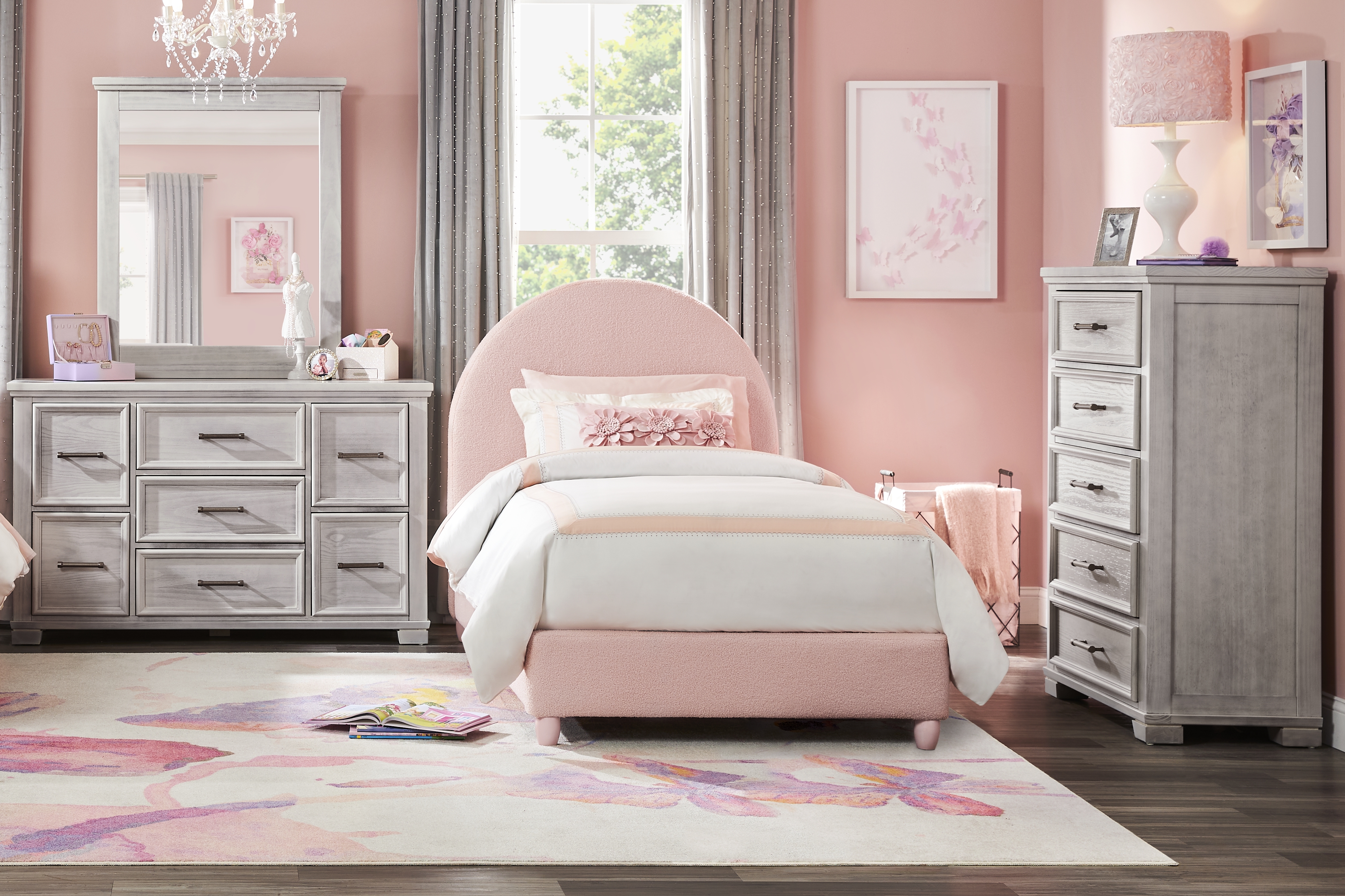 Kids Canyon Lake Ash Gray Bedroom with Moonstone Pink Full Upholstered Bed - Thumbnail - Image 1