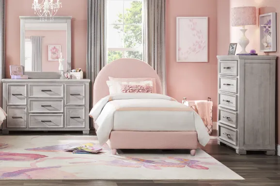 Kids Canyon Lake Ash Gray Bedroom with Moonstone Pink Twin Upholstered Bed