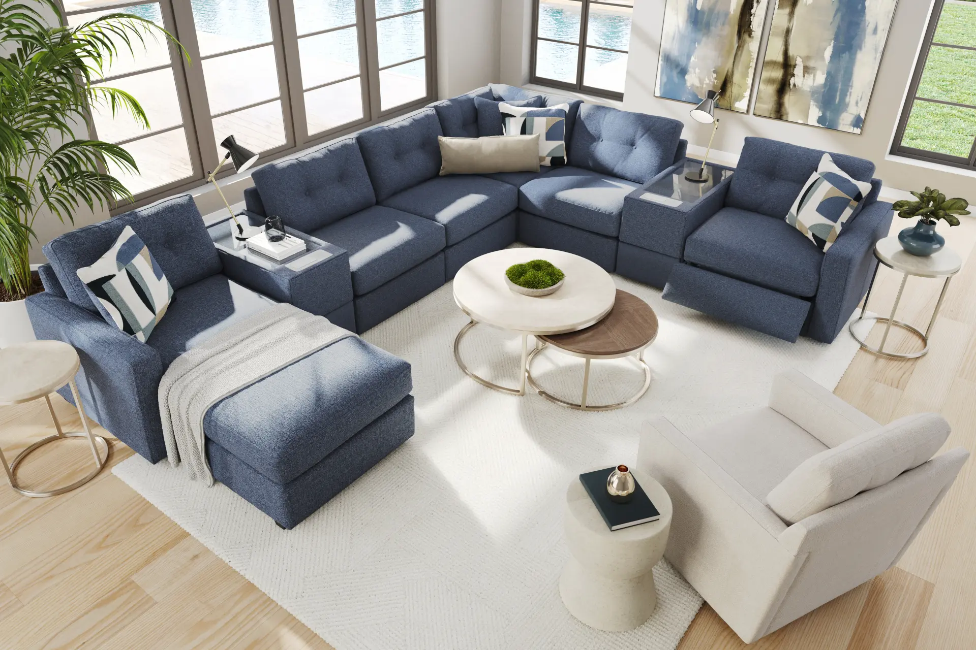 Dark Blue 8 Pc Power Reclining ModularOne with Media Consoles