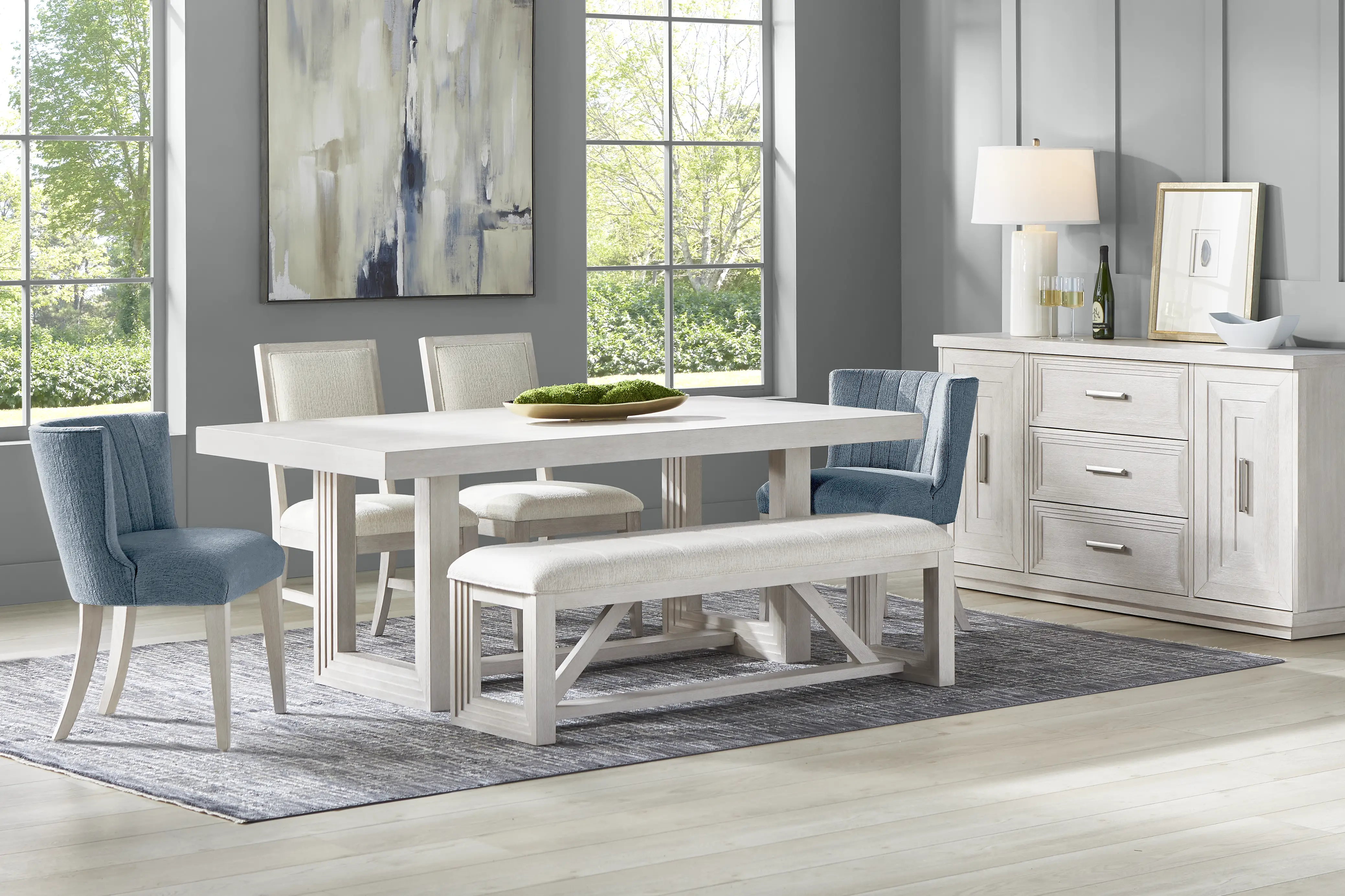 Royal Park Ivory 6 Pc Dining Room with Blue Upholstered Chairs and Ivory Bench - Thumbnail - Image 1