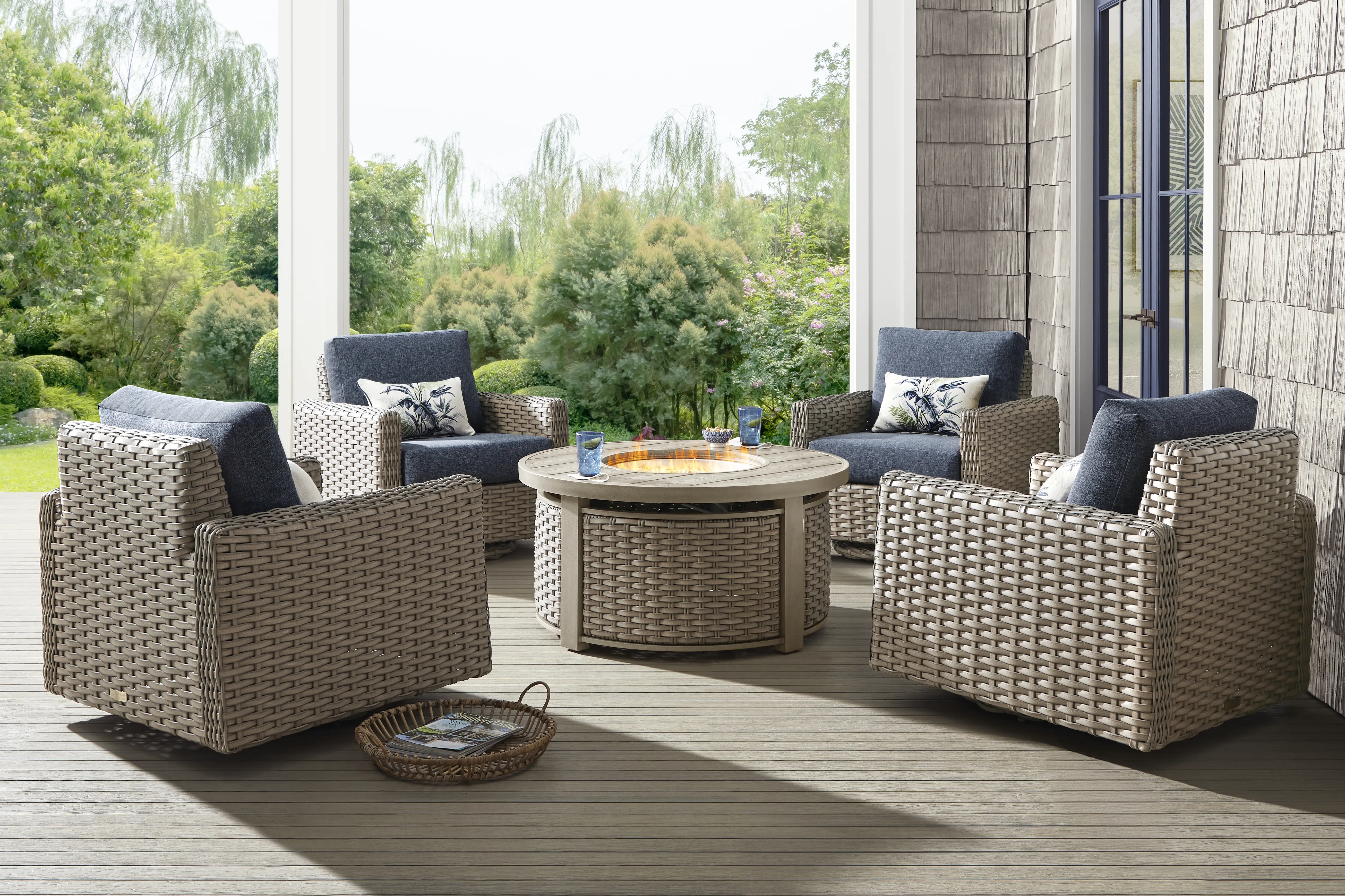 Siesta Key Driftwood Finish 5 Pc Outdoor Fire Pit Swivel Chat Set with Ink Cushions - Thumbnail - Image 1