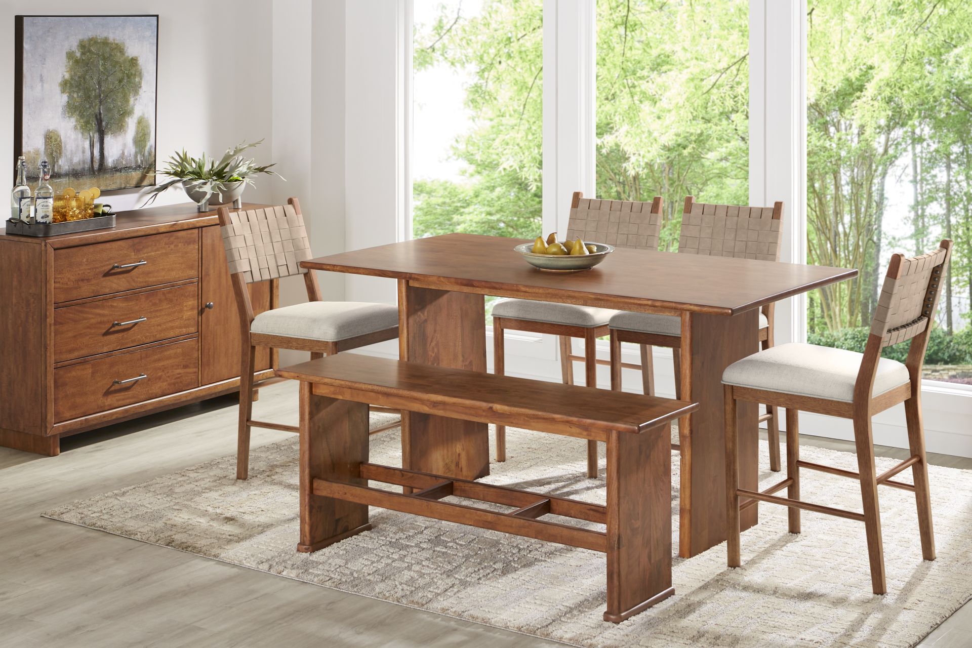 Surrey Ellis Brown 6 Pc Counter Height Dining Room with Strap Back Stools and Bench - Image 1