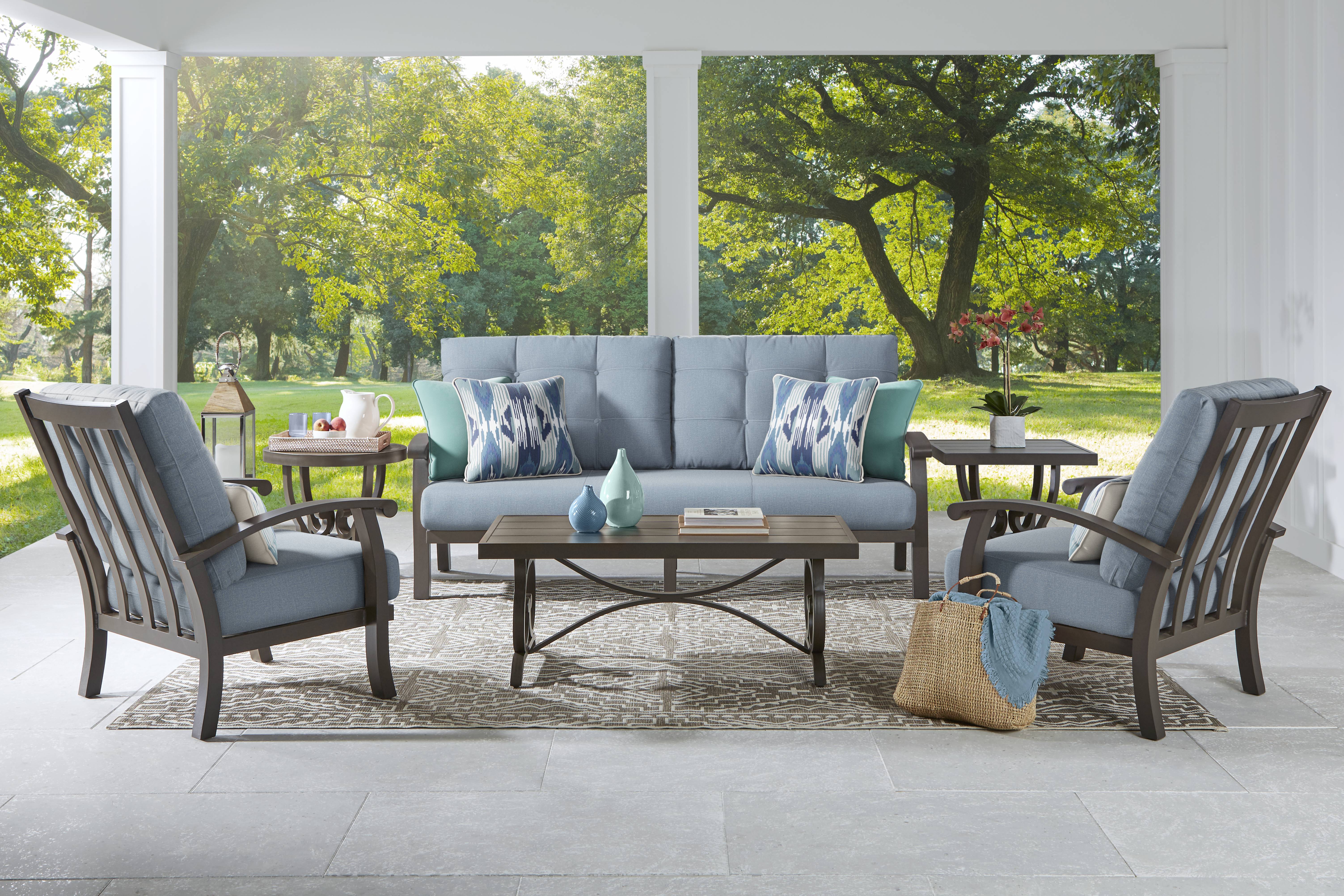 Lake Breeze Aged Bronze Outdoor 4 Pc Seating Set with Blueberry Cushions - Thumbnail - Image 1