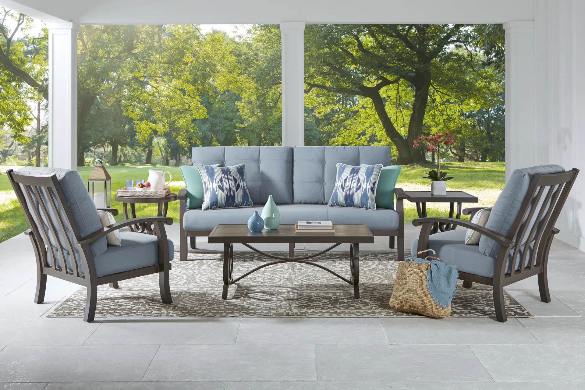 Lake Breeze Aged Bronze Outdoor 4 Pc Seating Set with Blueberry Cushions
