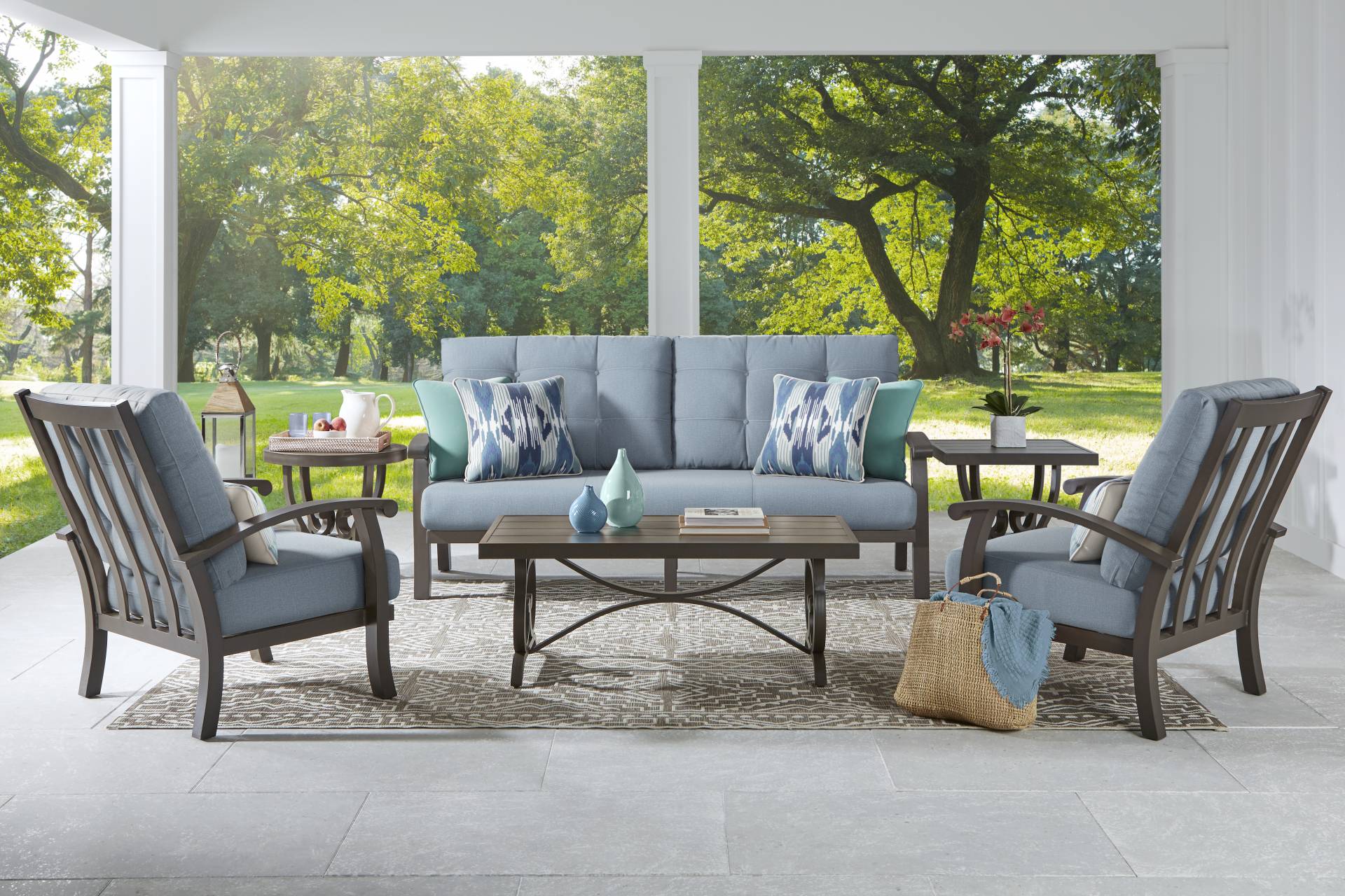 Lake Breeze Aged Bronze Outdoor 4 Pc Seating Set with Blueberry Cushions full room