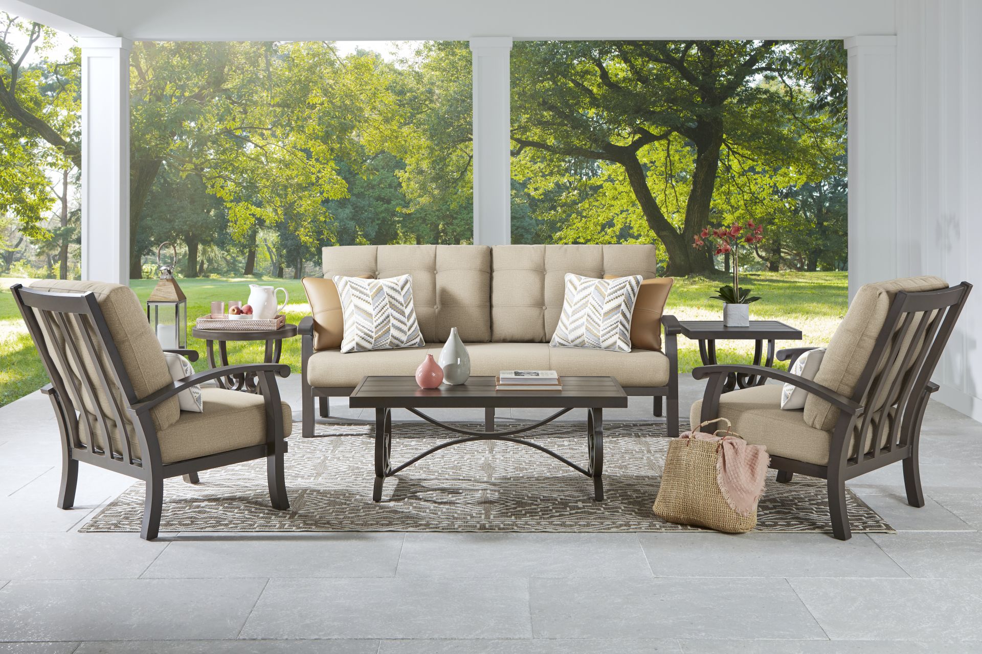 Lake Breeze Aged Bronze Outdoor 4 Pc Seating Set with Hemp-Colored Cushions - Image 1