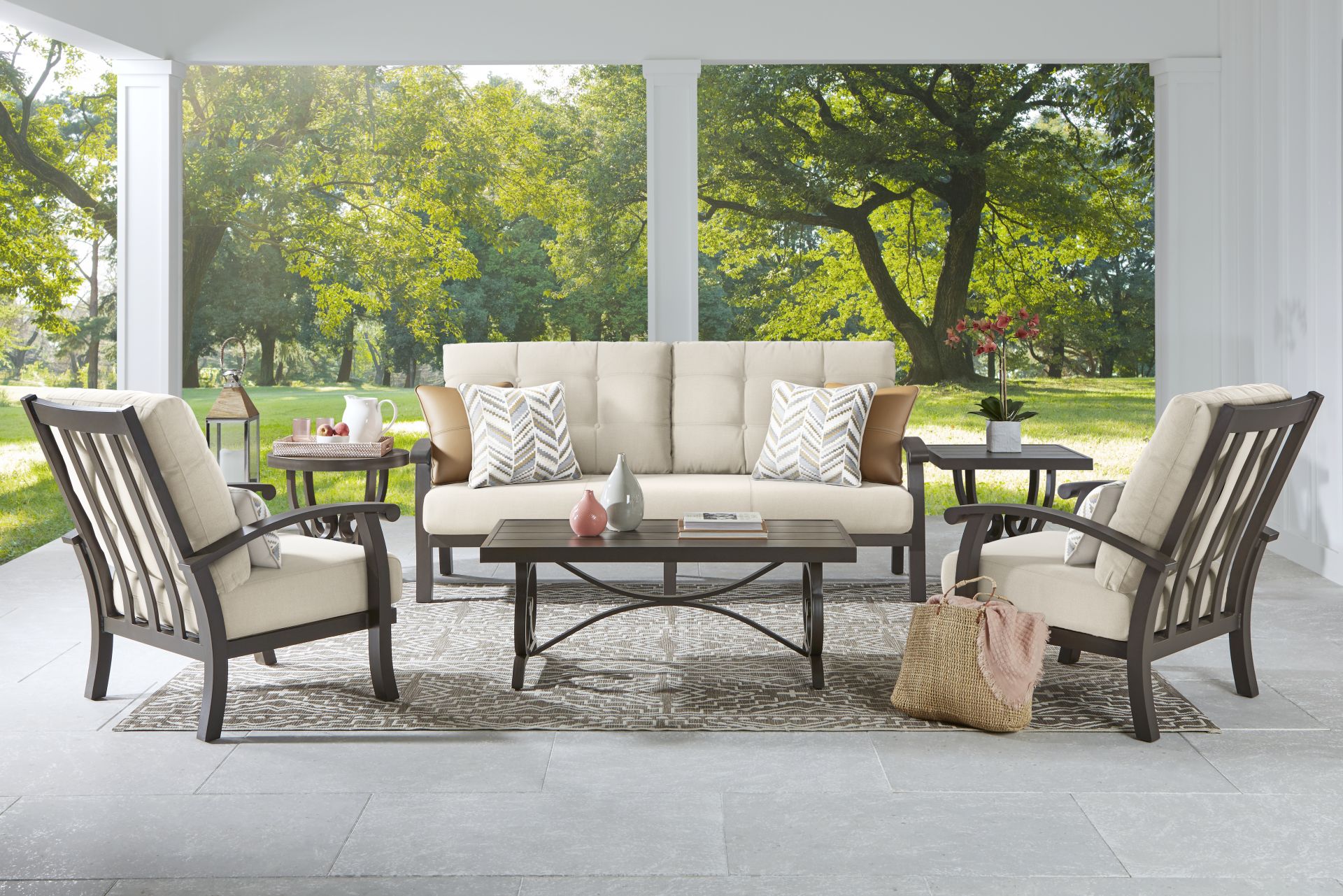 Lake Breeze Aged Bronze Outdoor 4 Pc Seating Set with Desert Cushions - Image 1