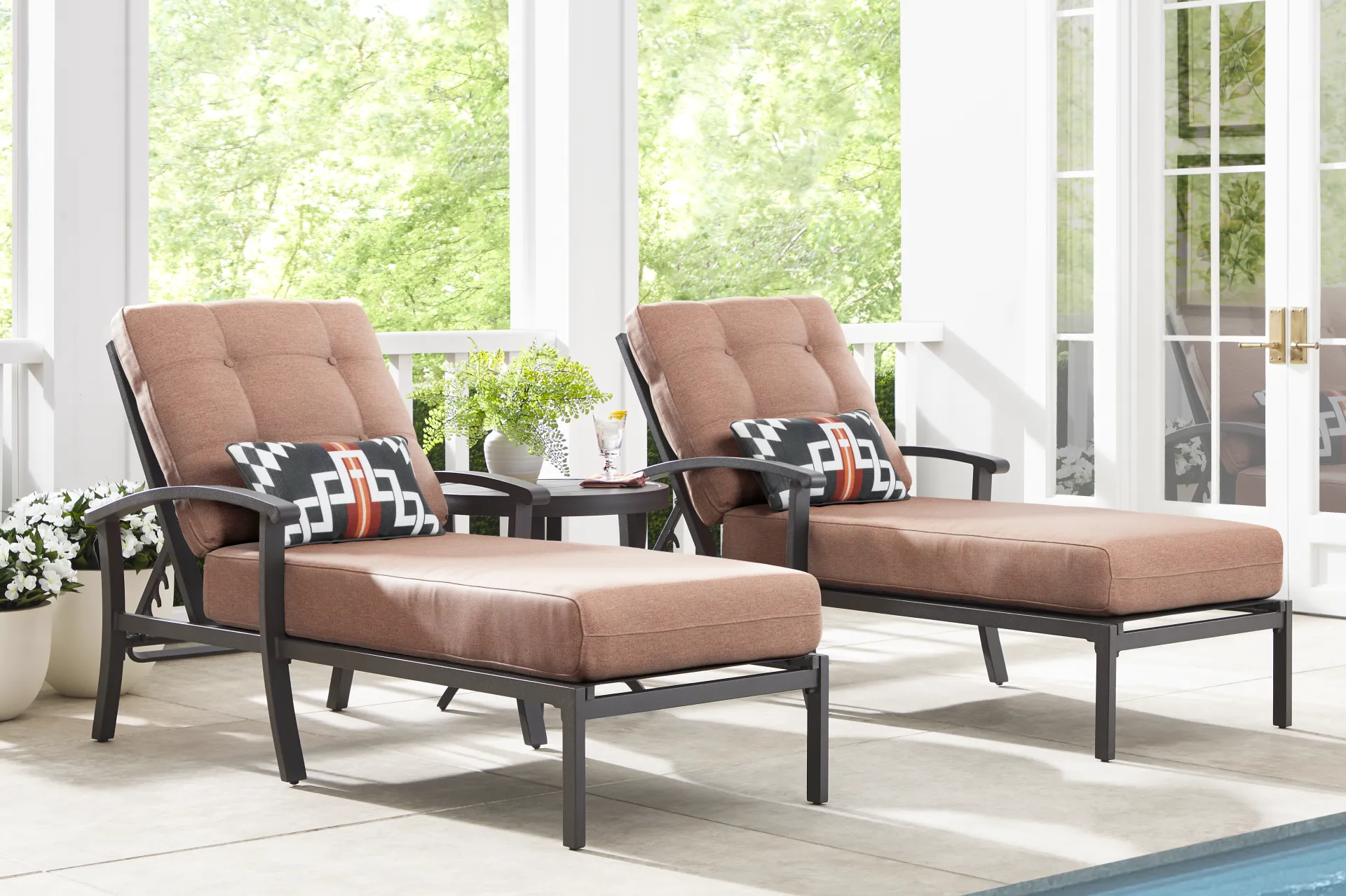 Lake Breeze Aged Bronze Outdoor Chaise with Terracotta Cushions, Set of 2 - Image 1