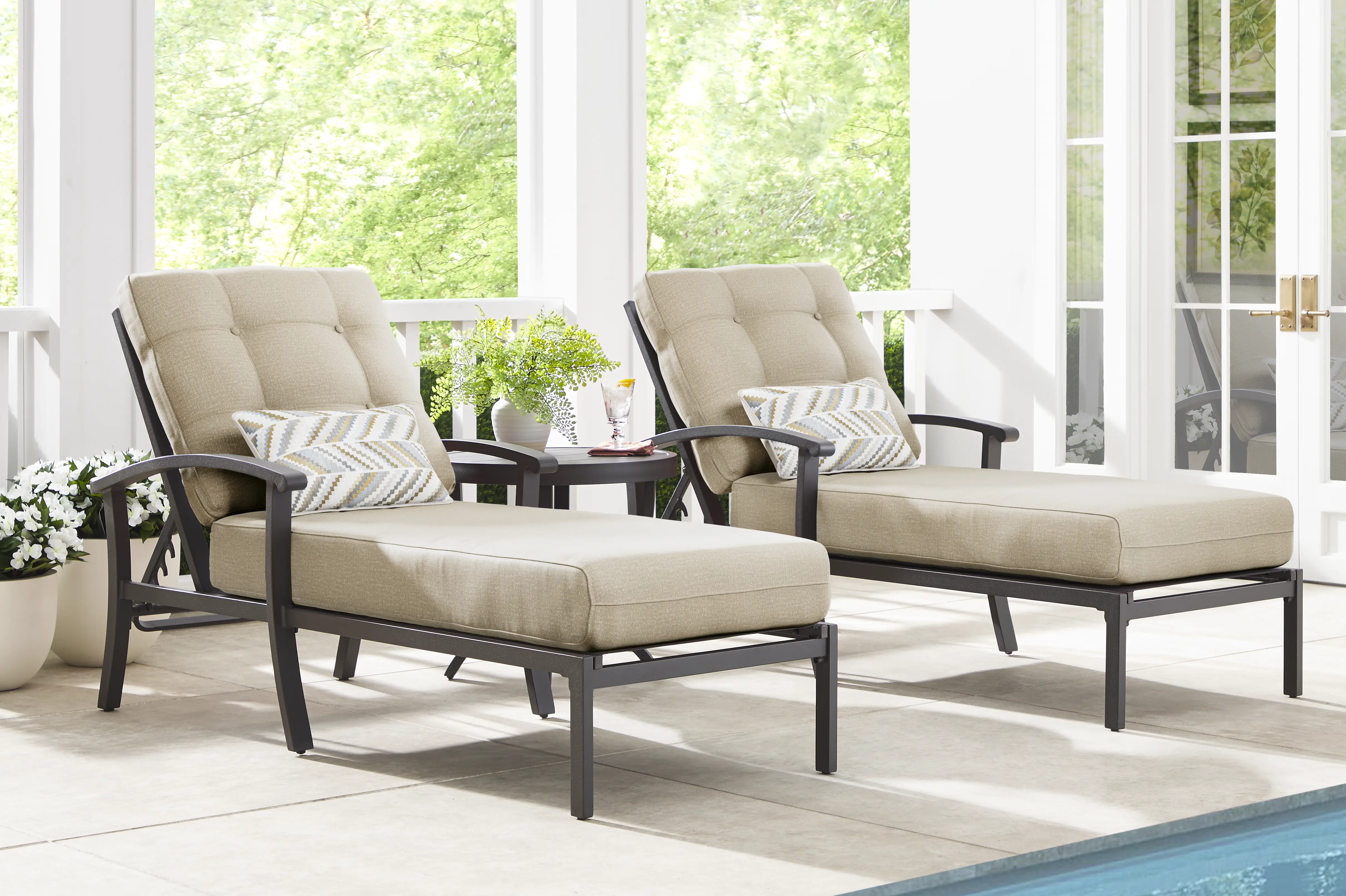 Lake Breeze Aged Bronze Outdoor Chaise with Hemp-Colored Cushions, Set of 2 - Thumbnail - Image 2