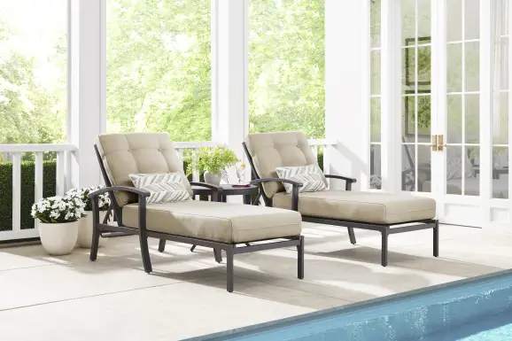 Lake Breeze Aged Bronze Outdoor Chaise with Hemp-Colored Cushions, Set of 2