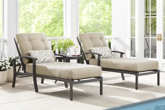 Lake Breeze Aged Bronze Outdoor Chaise with Hemp-Colored Cushions, Set of 2