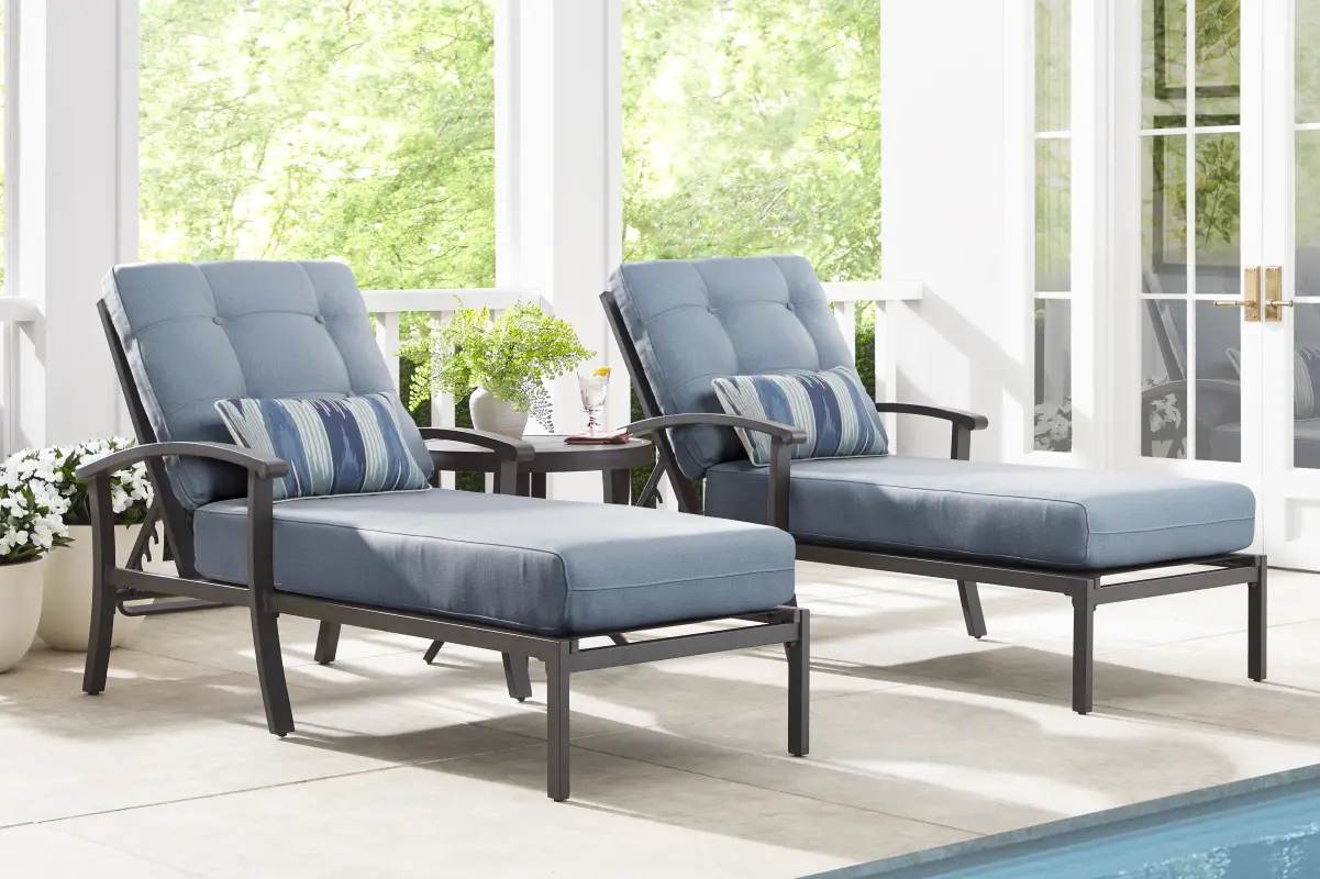 Lake Breeze Aged Bronze Outdoor Chaise with Blueberry Cushions, Set of 2