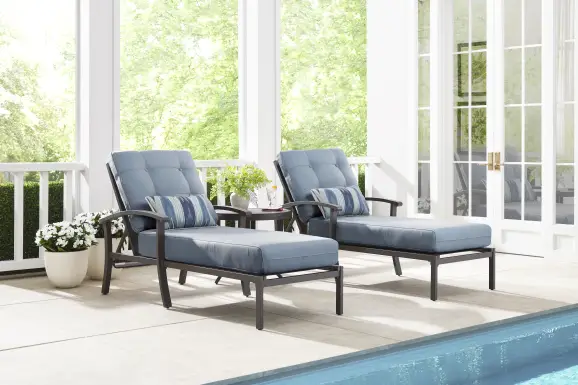 Lake Breeze Aged Bronze Outdoor Chaise with Blueberry Cushions, Set of 2