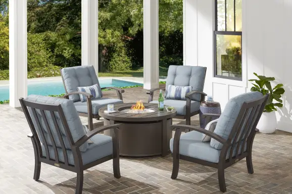 Lake Breeze Aged Bronze 5 Pc Outdoor Fire Pit Seating Set with Blueberry Cushions