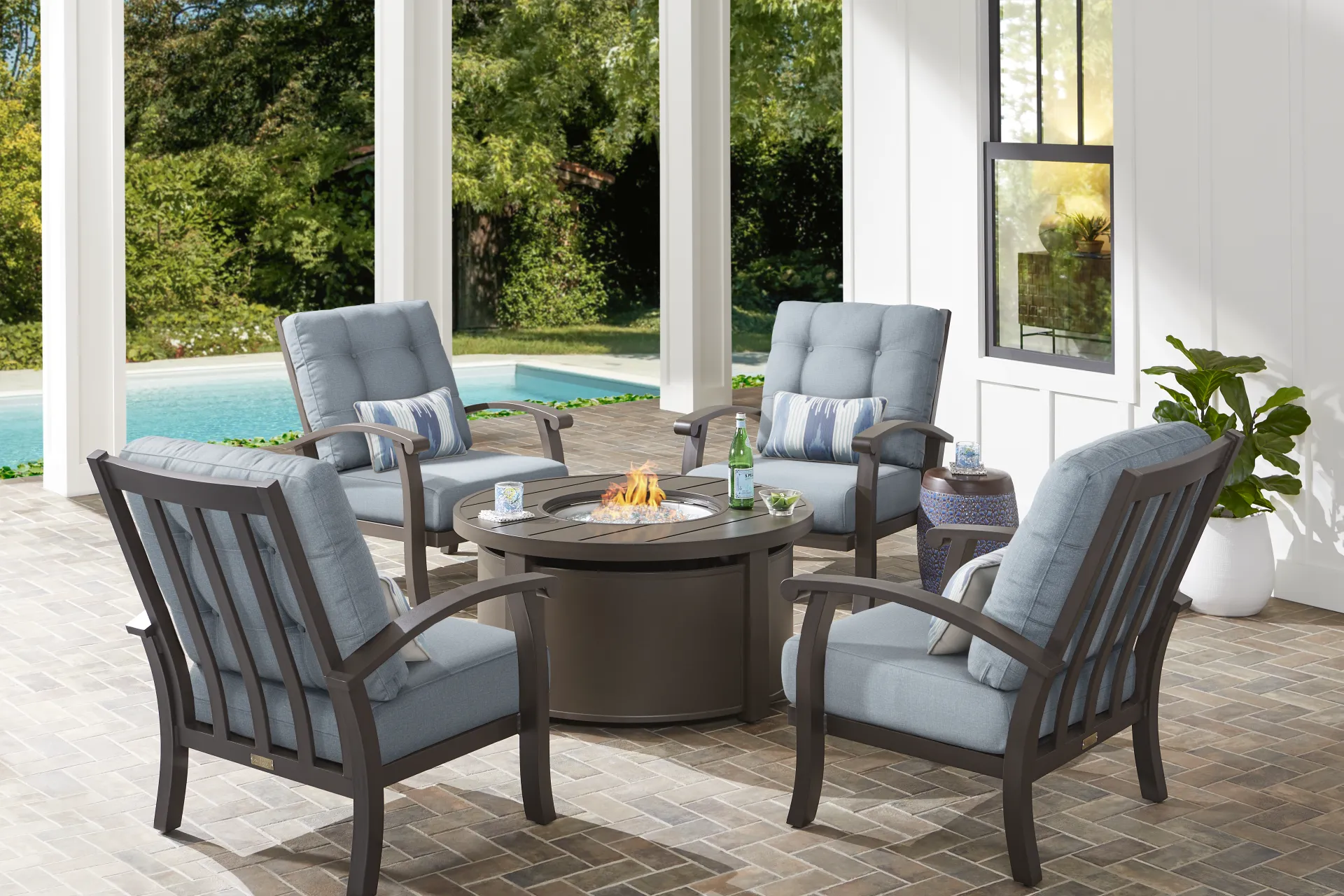 Lake Breeze Aged Bronze 5 Pc Outdoor Fire Pit Seating Set with Blueberry Cushions - Image 1