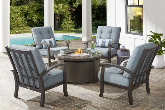 Lake Breeze Aged Bronze 5 Pc Outdoor Fire Pit Seating Set with Blueberry Cushions