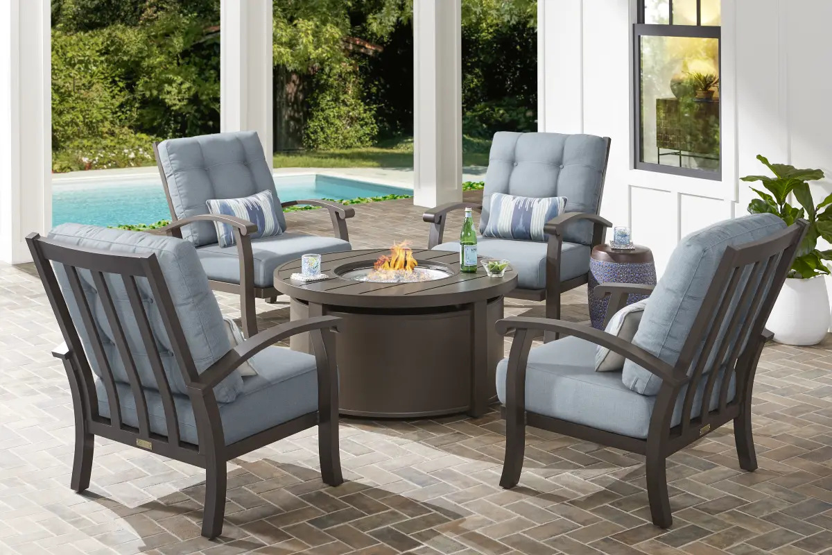 Lake Breeze Aged Bronze 5 Pc Outdoor Fire Pit Seating Set with Blueberry Cushions