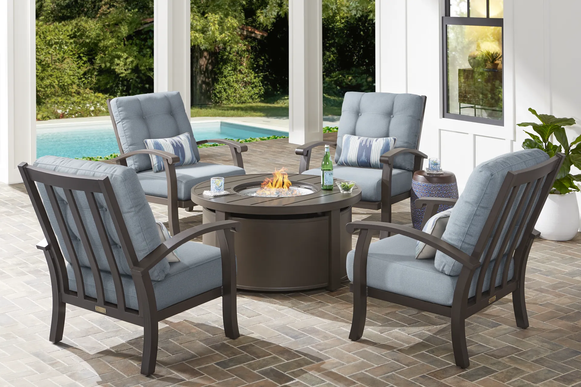 Lake Breeze Aged Bronze 5 Pc Outdoor Fire Pit Seating Set with Blueberry Cushions - Image 1