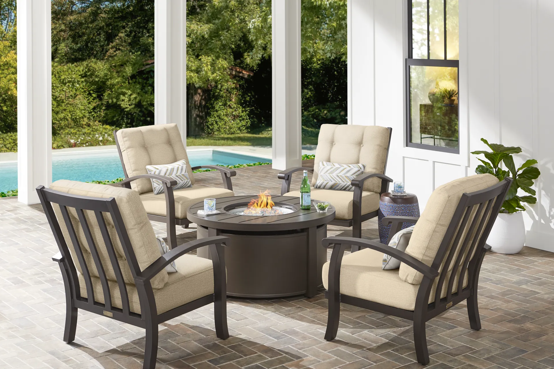 Lake Breeze Aged Bronze 5 Pc Outdoor Fire Pit Seating Set with Hemp Cushions - Image 1