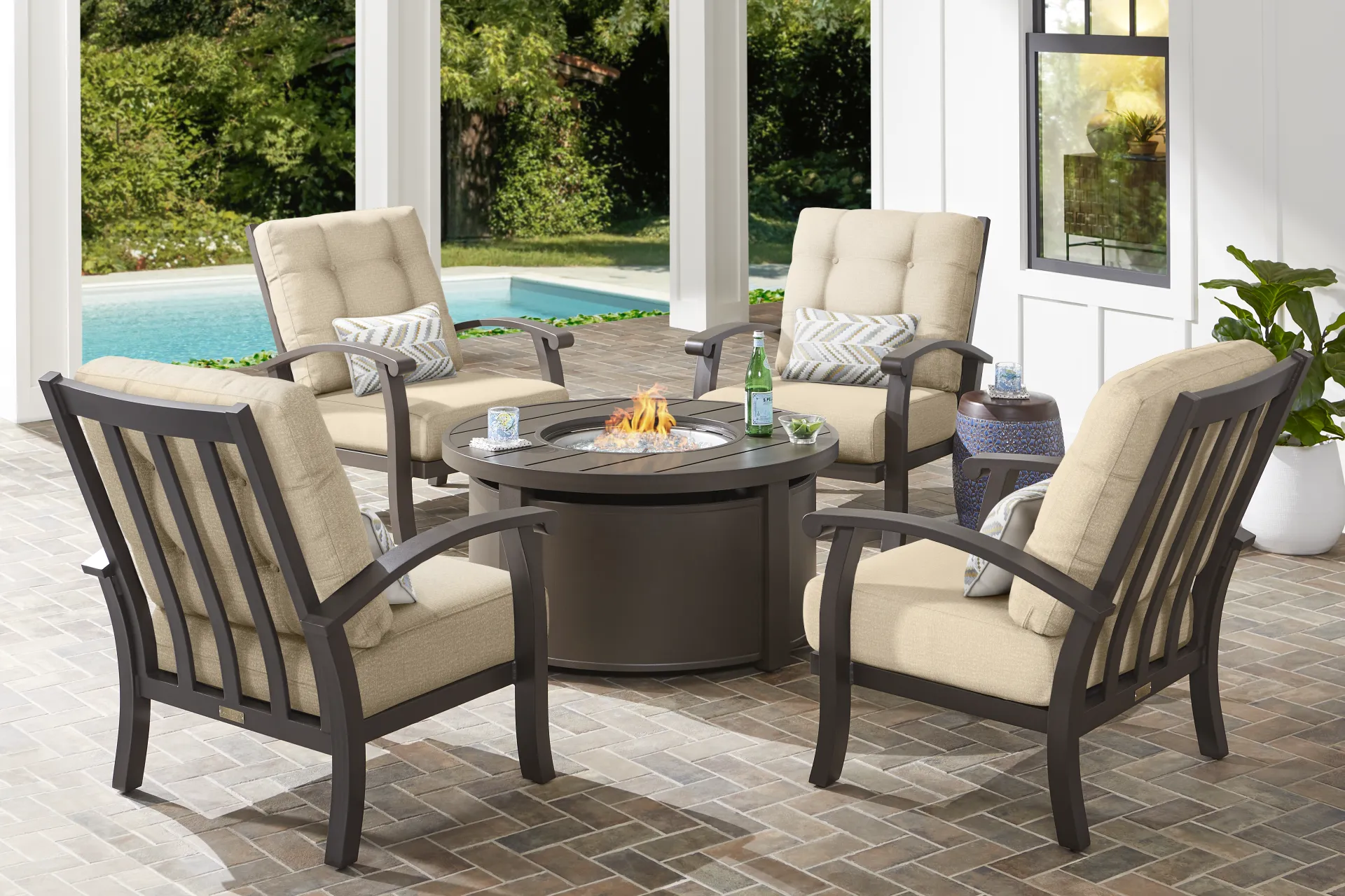 Lake Breeze Aged Bronze 5 Pc Outdoor Fire Pit Seating Set with Hemp Cushions - Image 1