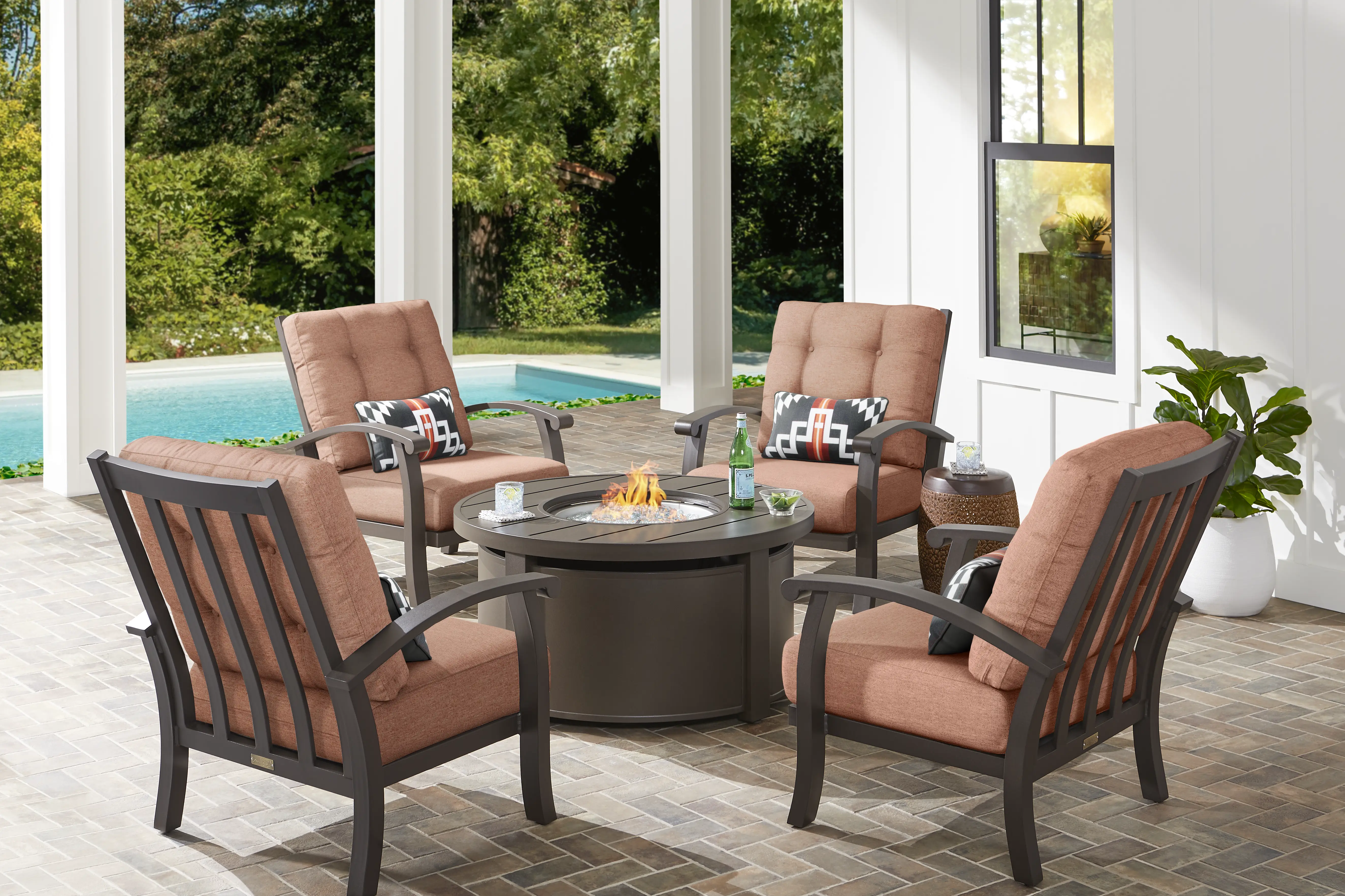 Lake Breeze Aged Bronze 5 Pc Outdoor Fire Pit Seating Set with Terracotta Cushions - Thumbnail - Image 1