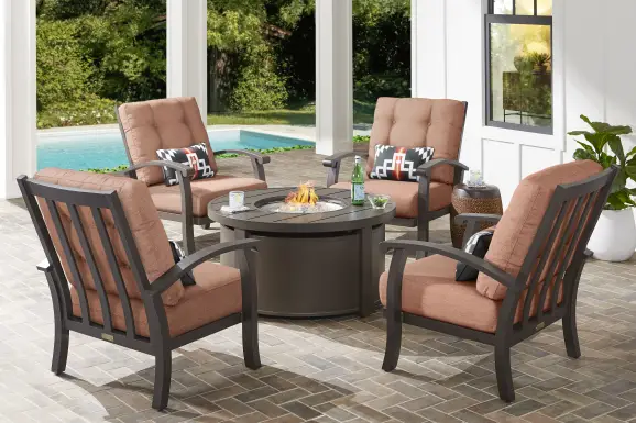 Lake Breeze Aged Bronze 5 Pc Outdoor Fire Pit Seating Set with Terracotta Cushions