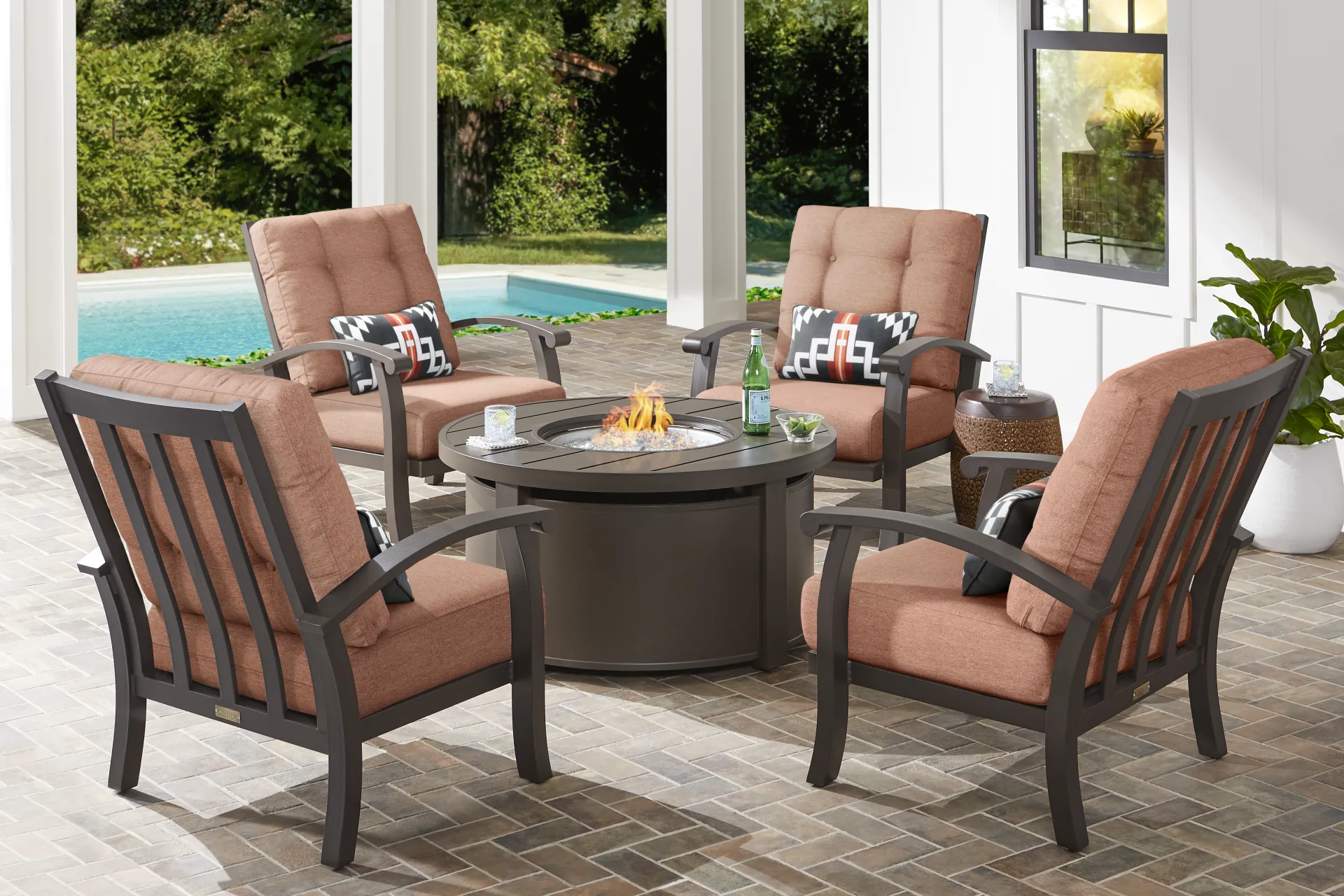 Lake Breeze Aged Bronze 5 Pc Outdoor Fire Pit Seating Set with Terracotta Cushions - Image 1