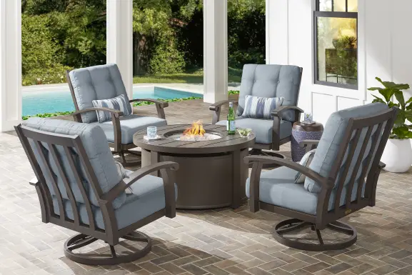 Lake Breeze Aged Bronze 5 Pc Outdoor Fire Pit Seating Set with Swivel Chairs and Blueberry Cushions