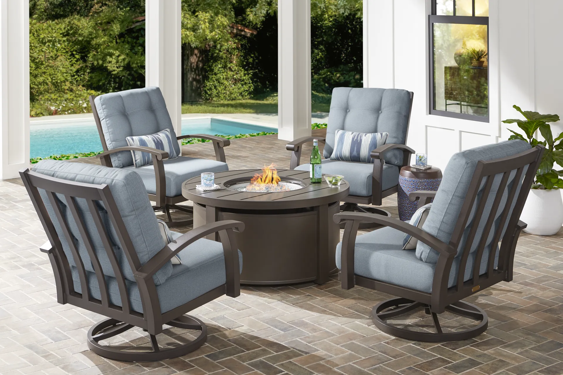 Lake Breeze Aged Bronze Outdoor Swivel Club Chair with Blueberry Cushions - Image 1