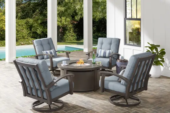 Lake Breeze Aged Bronze 5 Pc Outdoor Fire Pit Seating Set with Swivel Chairs and Blueberry Cushions