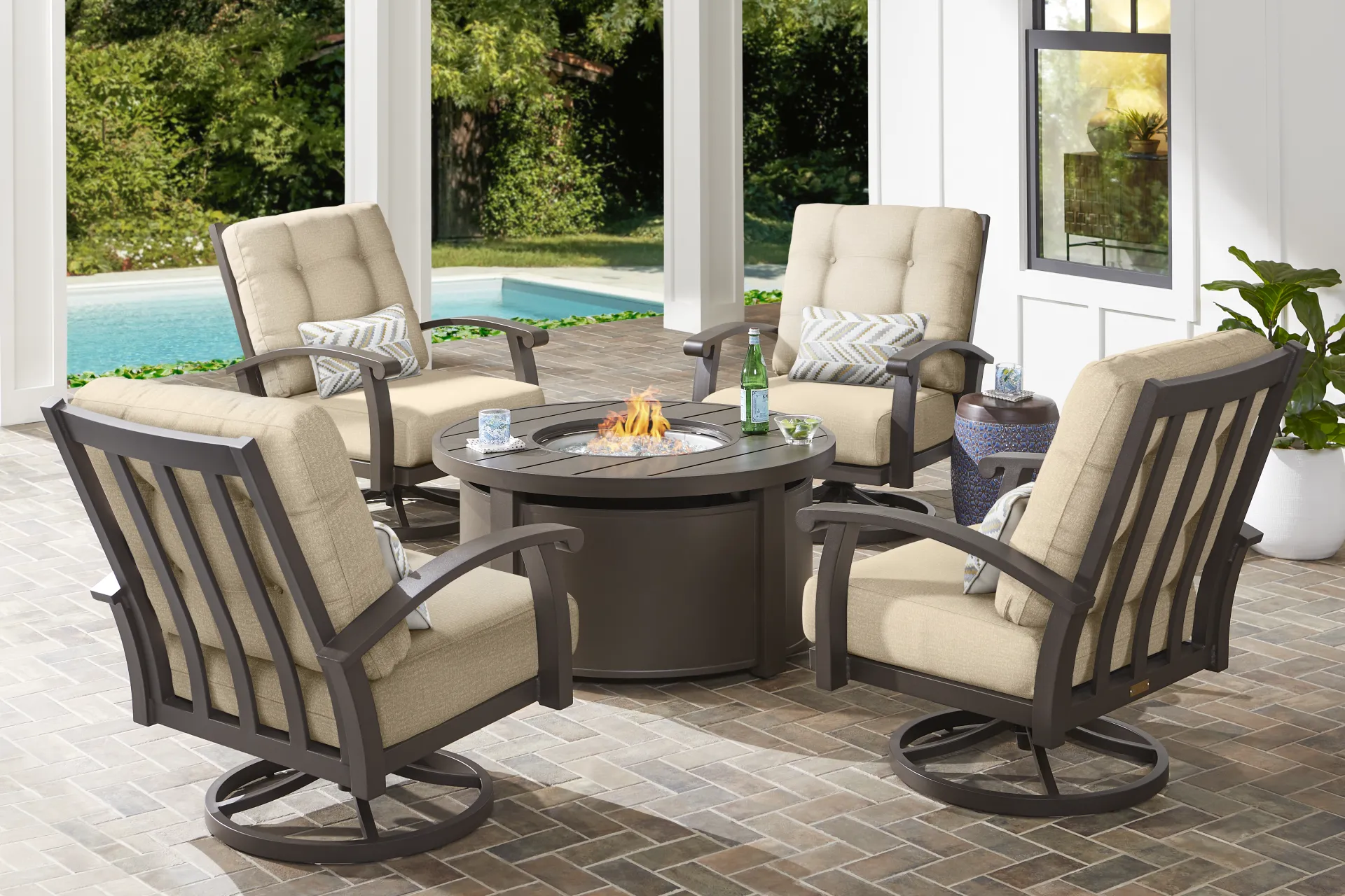 Lake Breeze Aged Bronze 5 Pc Outdoor Fire Pit Seating Set with Swivel Chairs and Hemp Cushions - Image 1