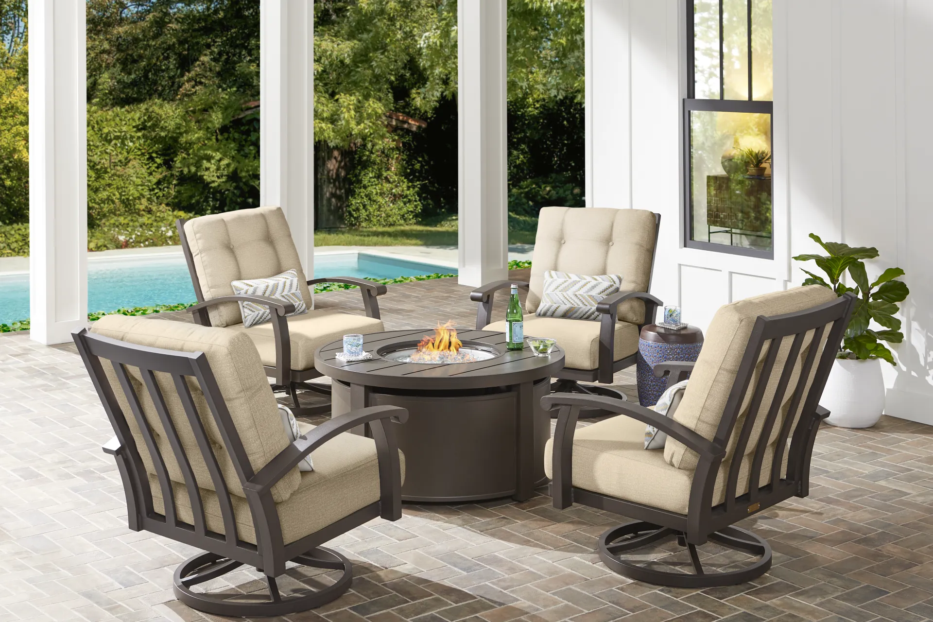 Lake Breeze Aged Bronze 5 Pc Outdoor Fire Pit Seating Set with Swivel Chairs and Hemp Cushions - Image 1