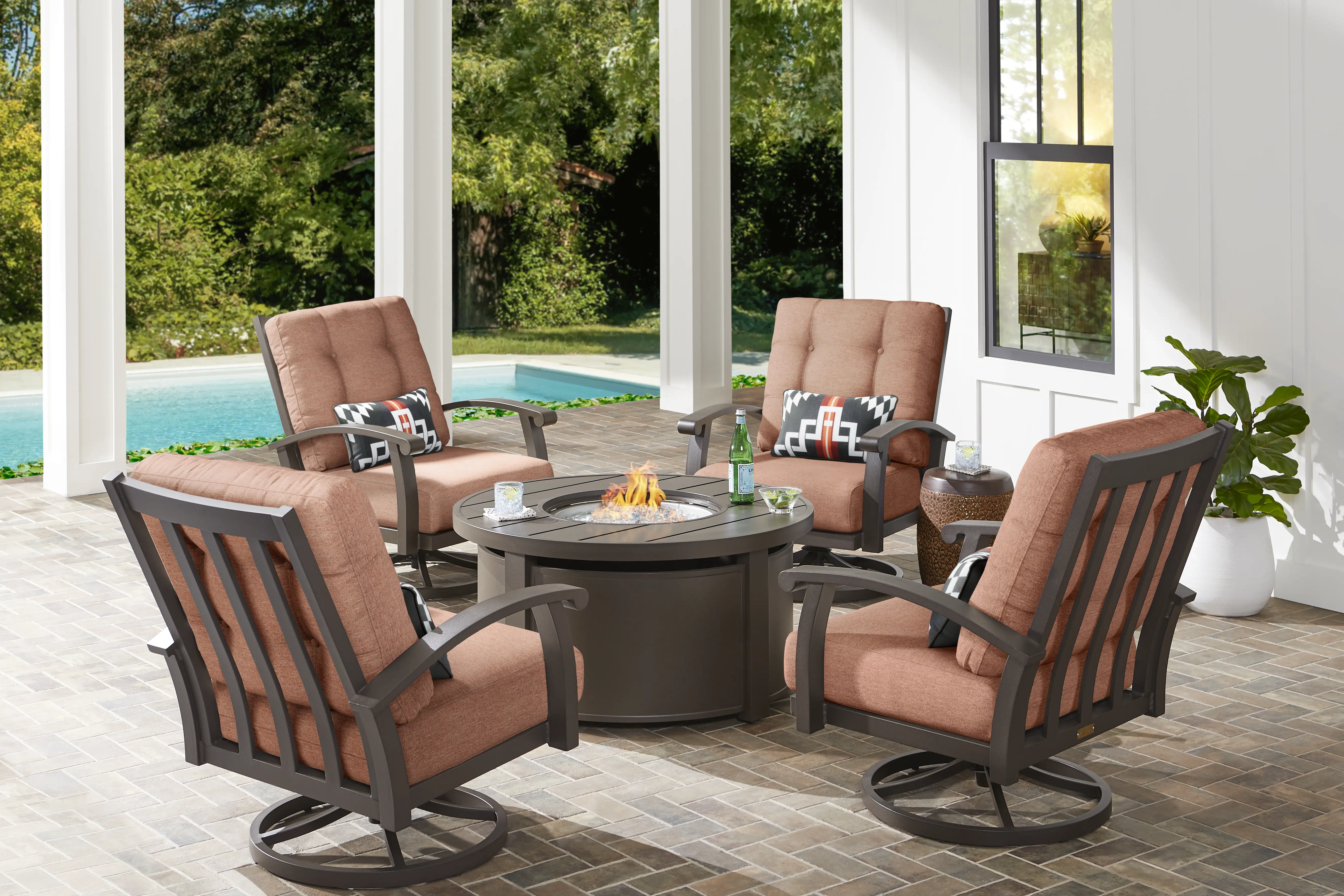 Lake Breeze Aged Bronze 5 Pc Outdoor Fire Pit Seating Set with Swivel Chairs and Terracotta Cushions - Thumbnail - Image 1