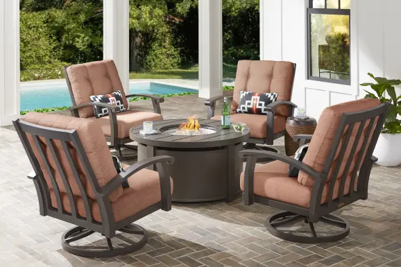 Lake Breeze Aged Bronze 5 Pc Outdoor Fire Pit Seating Set with Swivel Chairs and Terracotta Cushions