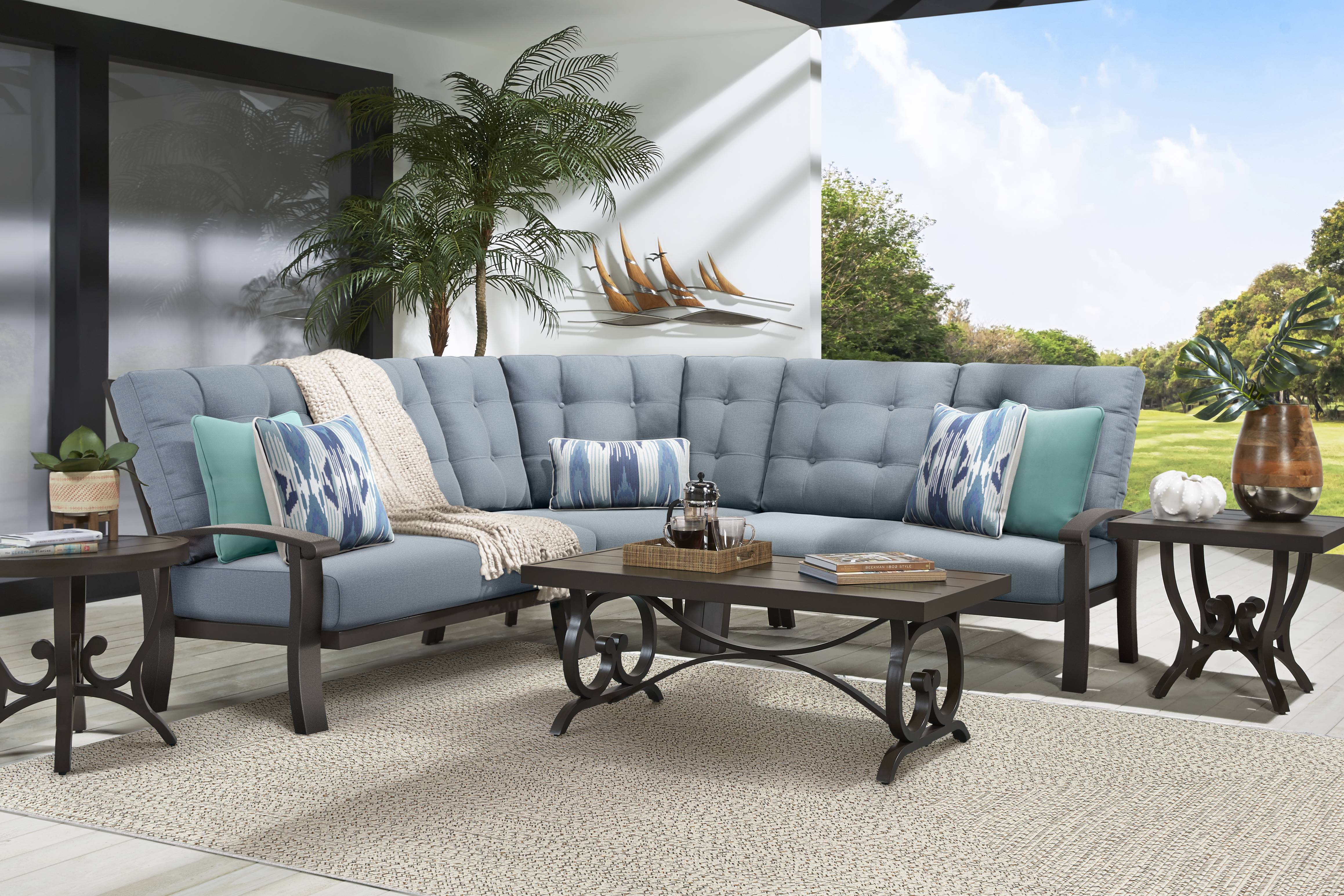Lake Breeze Aged Bronze 3 Pc Outdoor Sectional with Blueberry Cushions