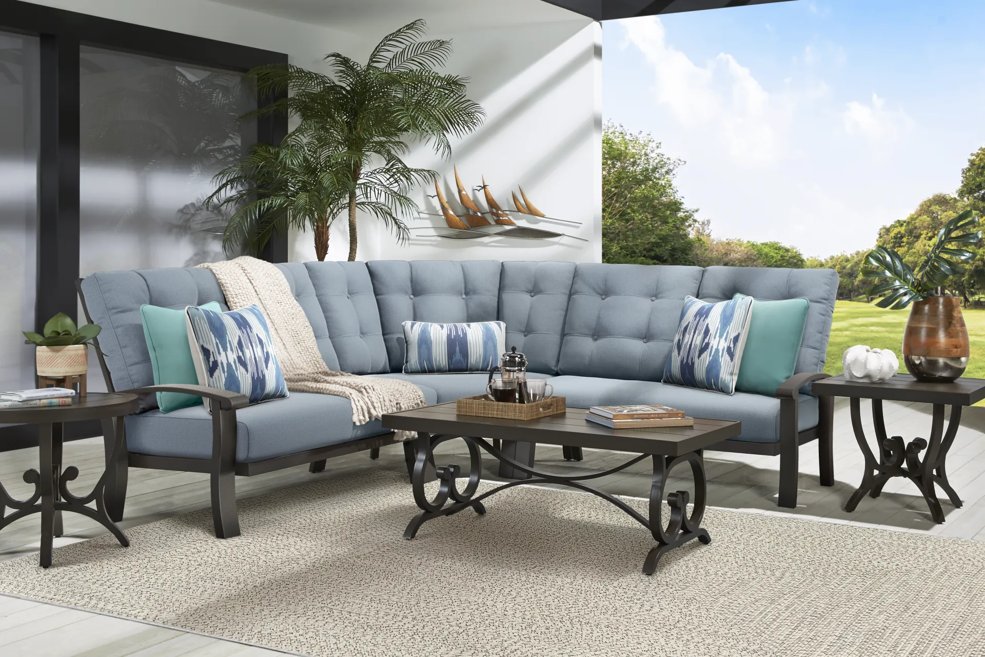 Lake Breeze Aged Bronze 3 Pc Outdoor Sectional with Blueberry Cushions - Image 1