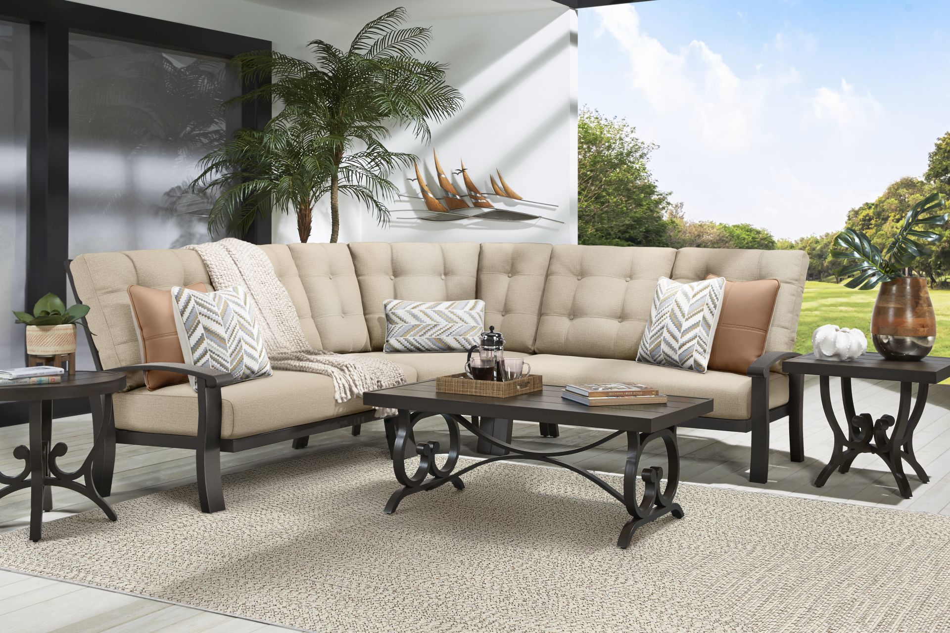 Lake Breeze Aged Bronze 3 Pc Outdoor Sectional with Hemp-Colored Cushions - Image 2