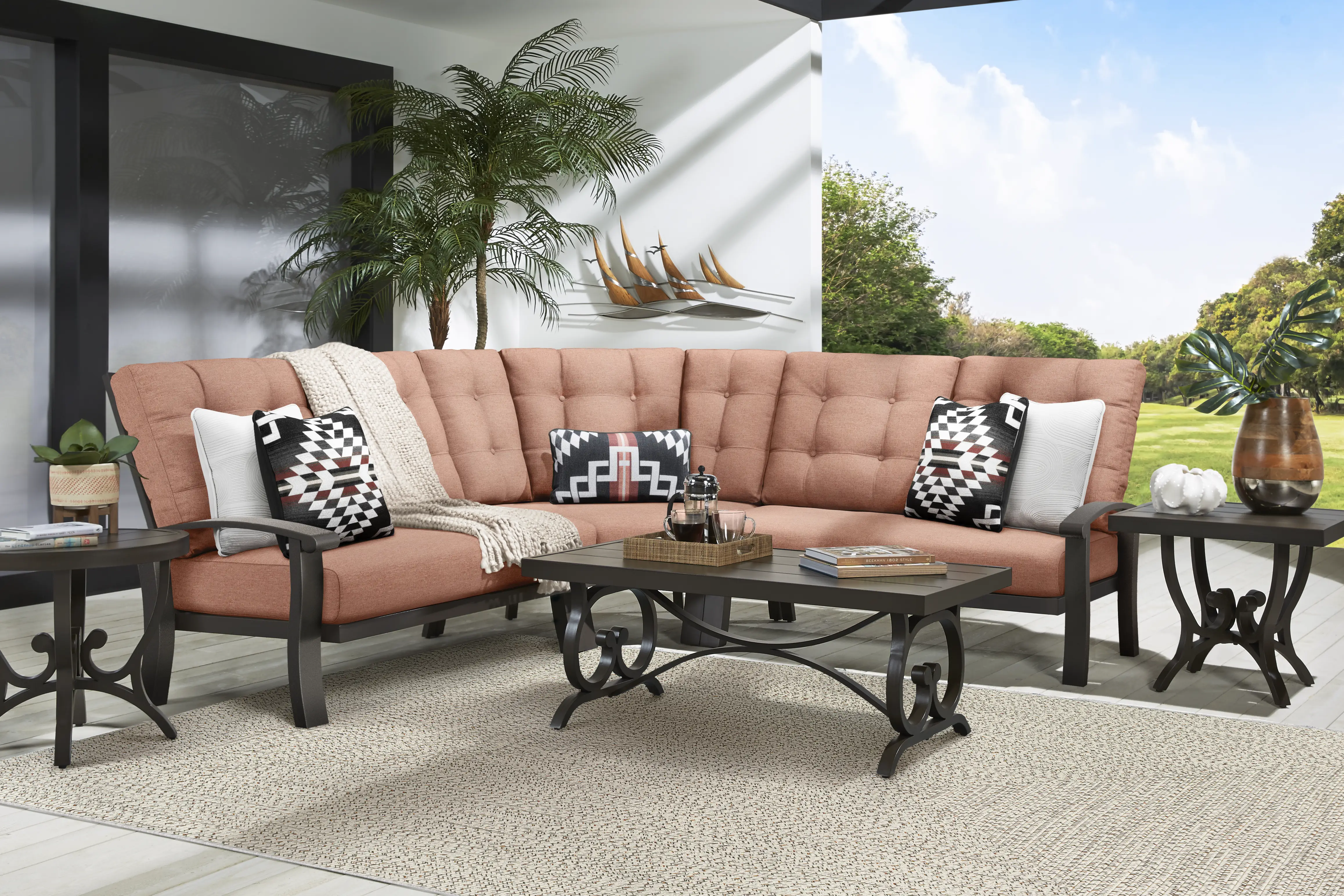 Lake Breeze Aged Bronze 3 Pc Outdoor Sectional with Terracotta Cushions