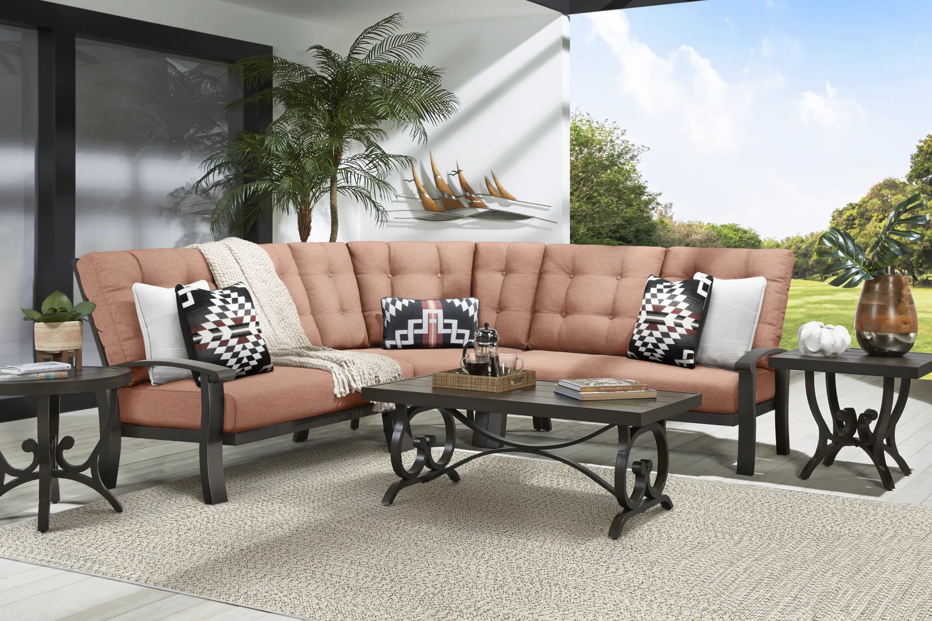 Lake Breeze Aged Bronze 3 Pc Outdoor Sectional with Terracotta Cushions - Image 1