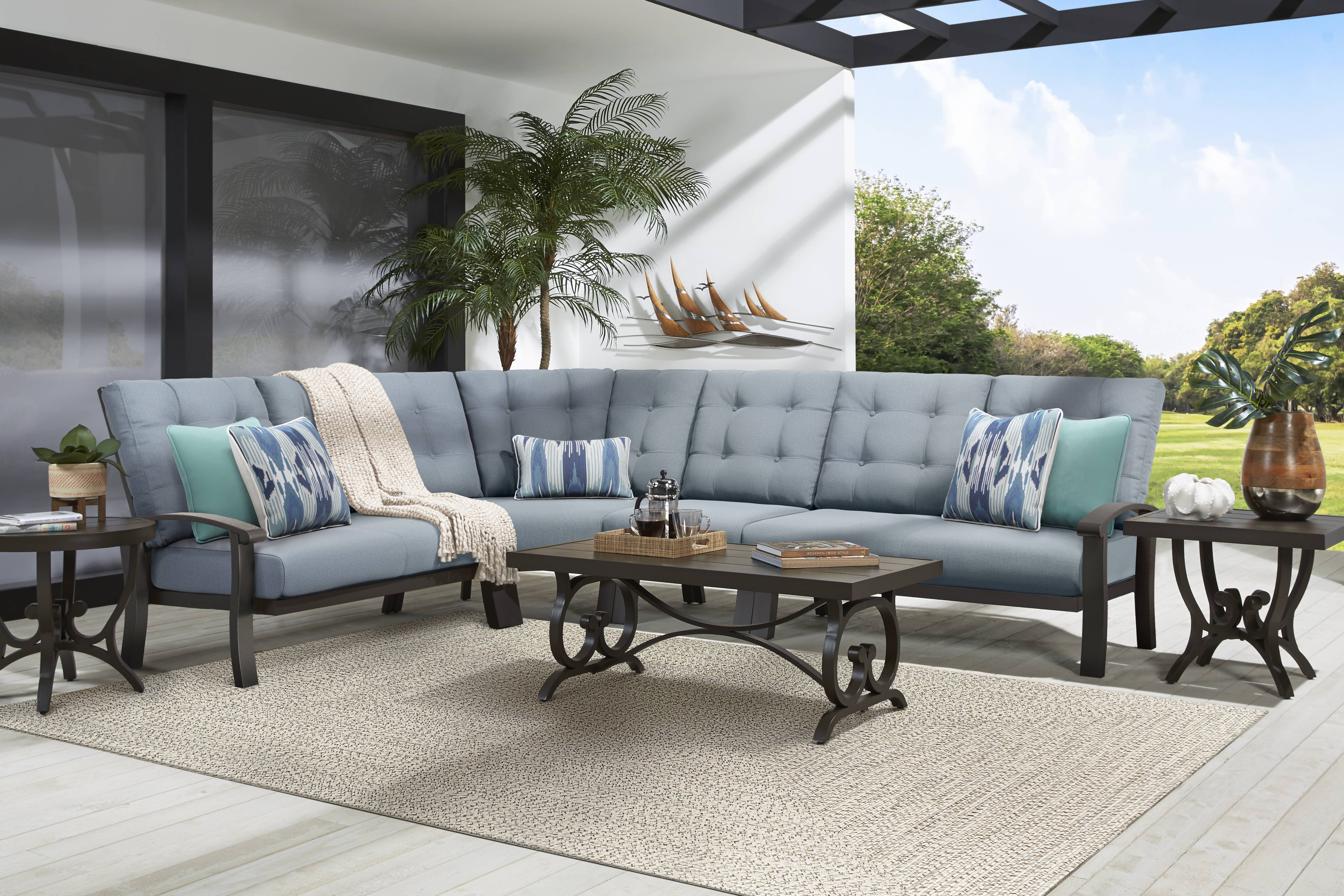Lake Breeze Aged Bronze 4 Pc Outdoor Sectional with Blueberry Cushions