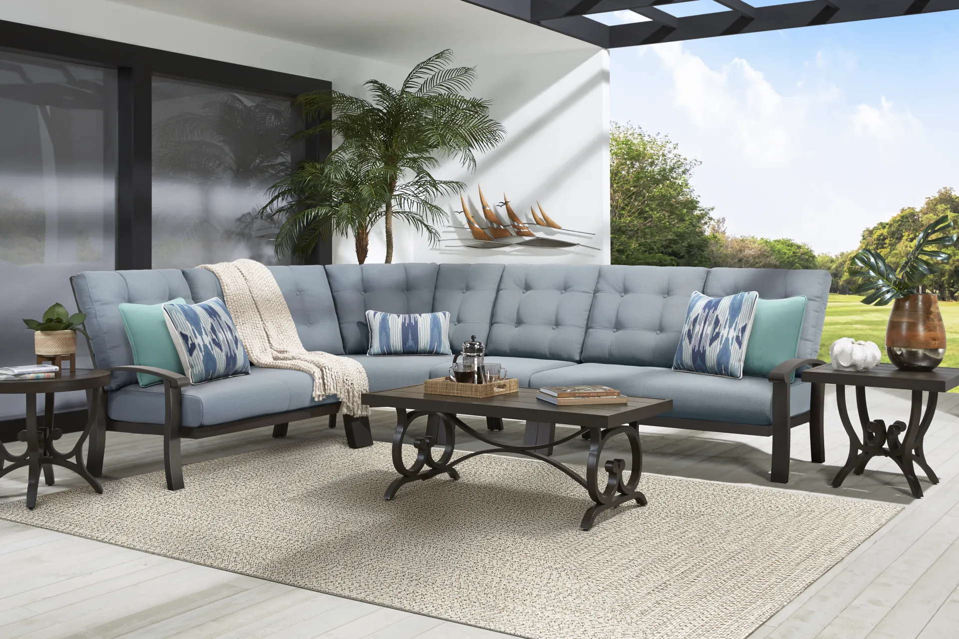 Lake Breeze Aged Bronze 4 Pc Outdoor Sectional with Blueberry Cushions - Image 1