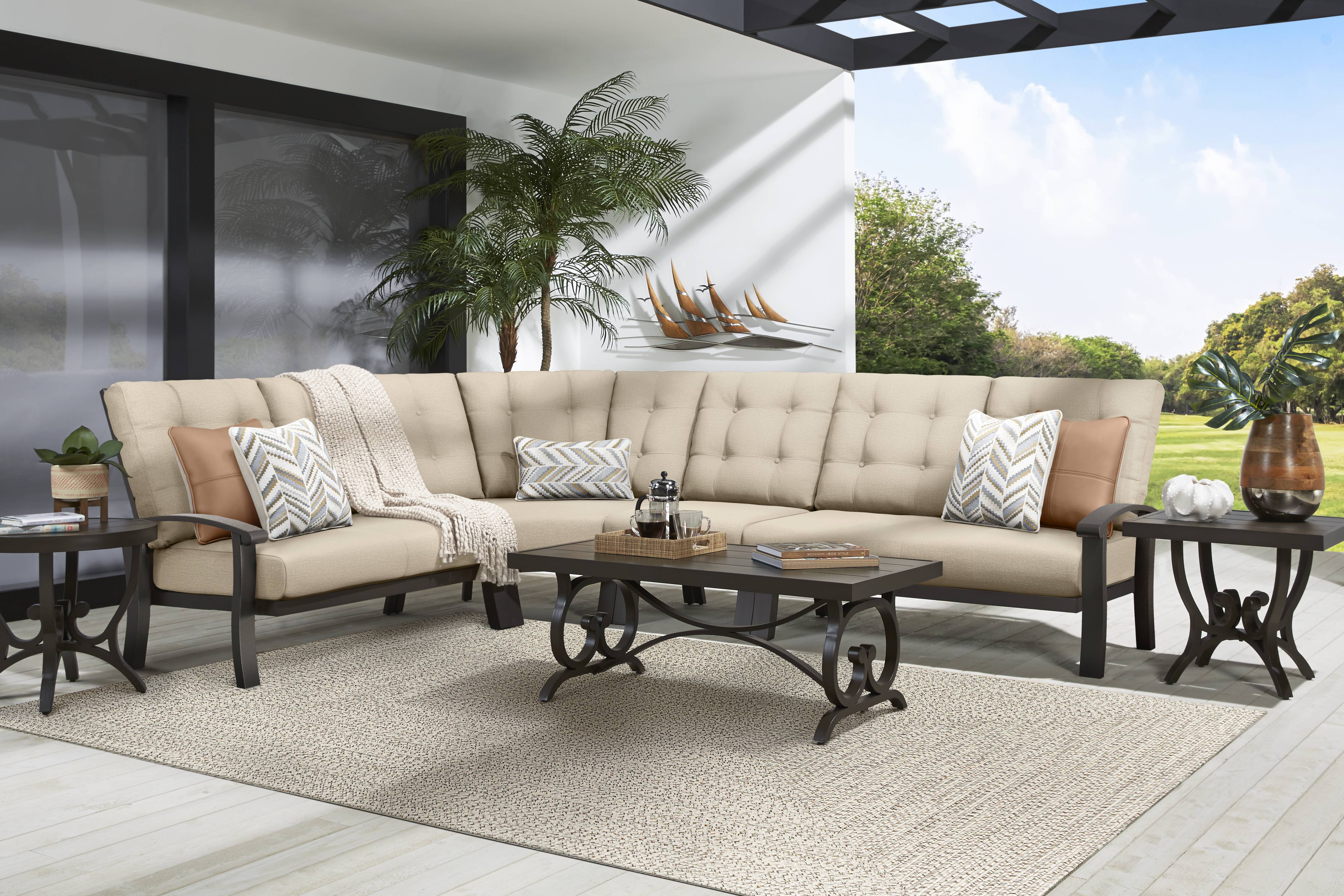 Lake Breeze Aged Bronze 4 Pc Outdoor Sectional with Hemp-Colored Cushions