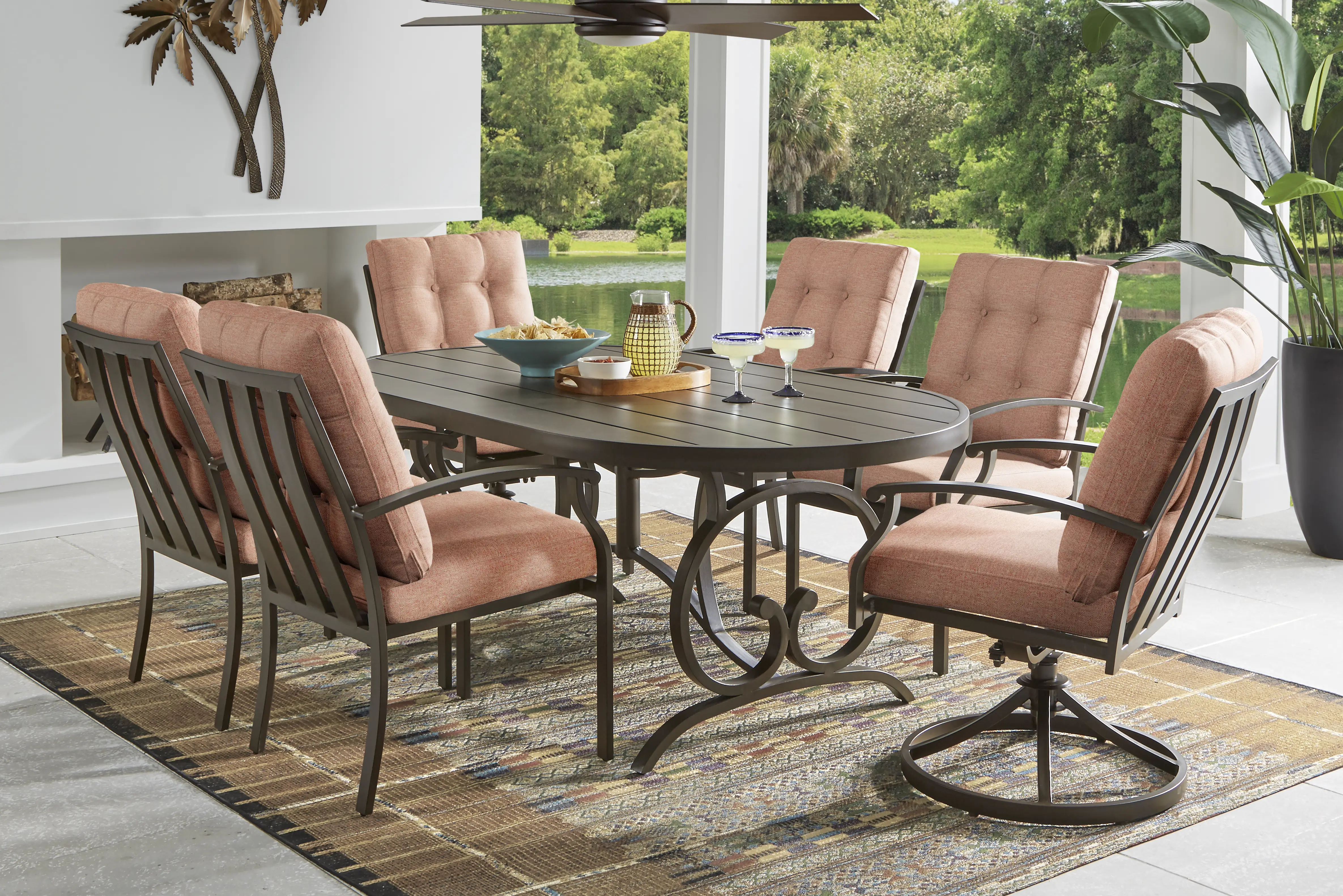 Lake Breeze Aged Bronze 7 Pc Oval Outdoor Dining Set with Terracotta Cushions - Thumbnail - Image 1