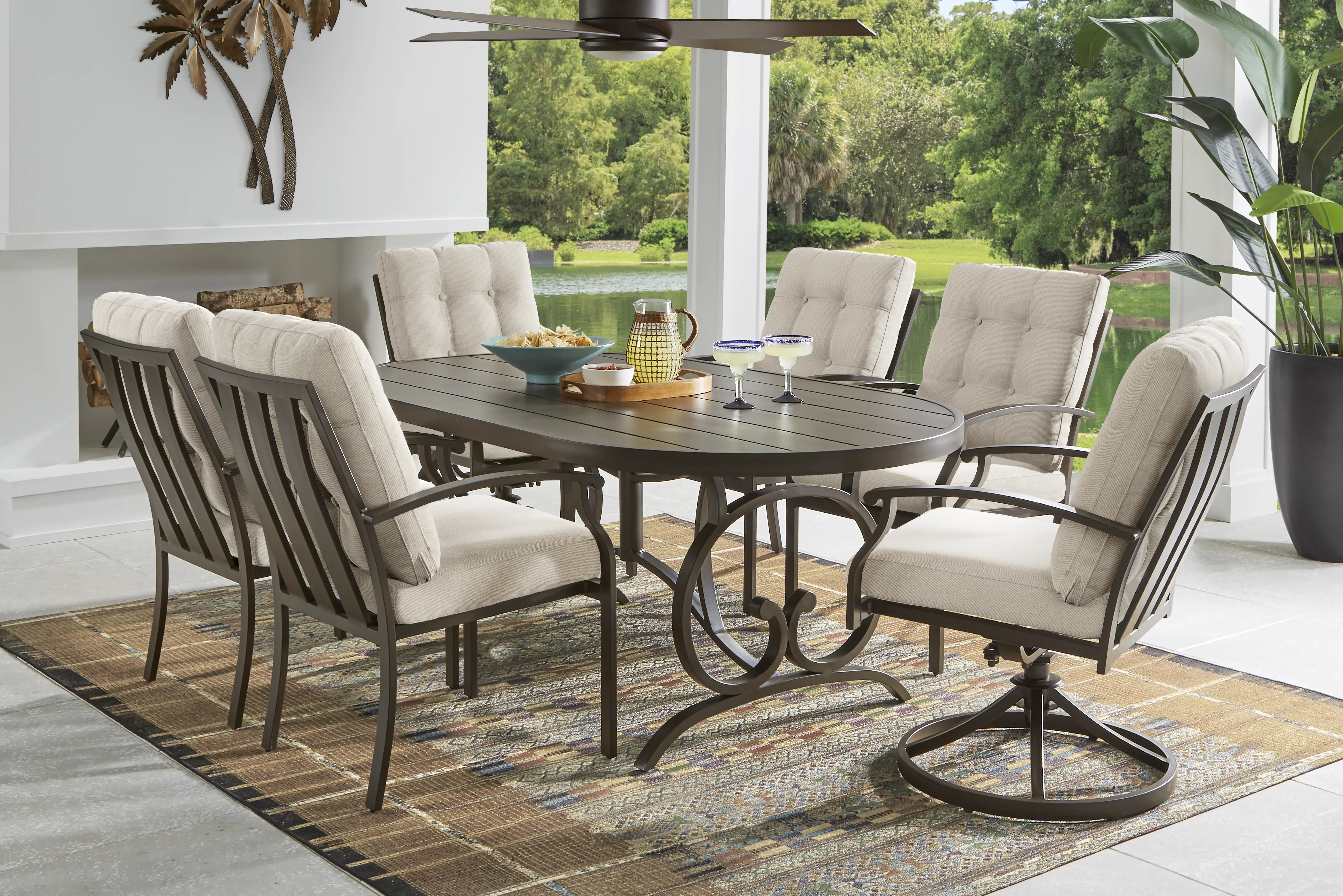 Lake Breeze Aged Bronze 5 Pc Oval Outdoor Dining Set with Desert Cushions - Thumbnail - Image 1