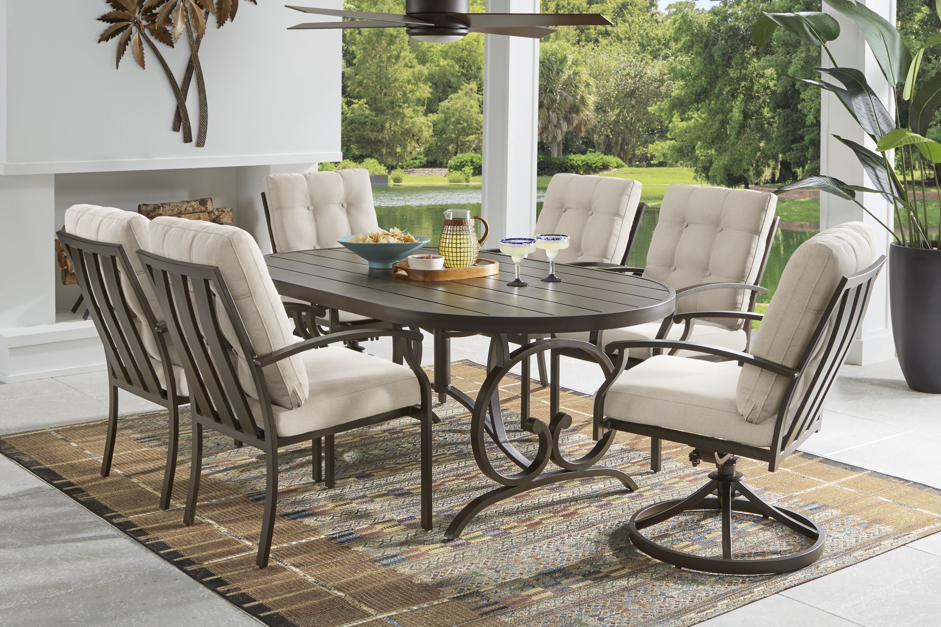 Lake Breeze Aged Bronze 5 Pc Oval Outdoor Dining Set with Desert Cushions - Image 1