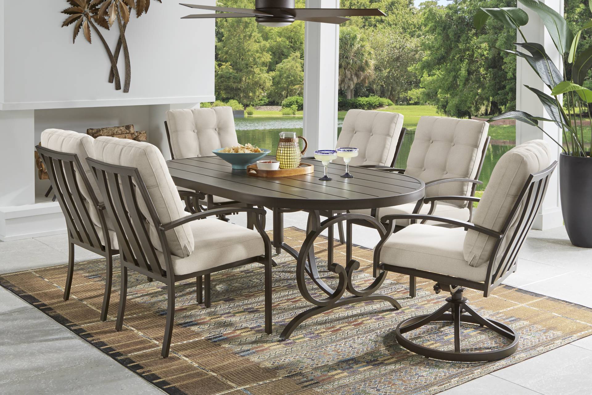 Lake Breeze Aged Bronze 5 Pc Oval Outdoor Dining Set with Desert Cushions full room
