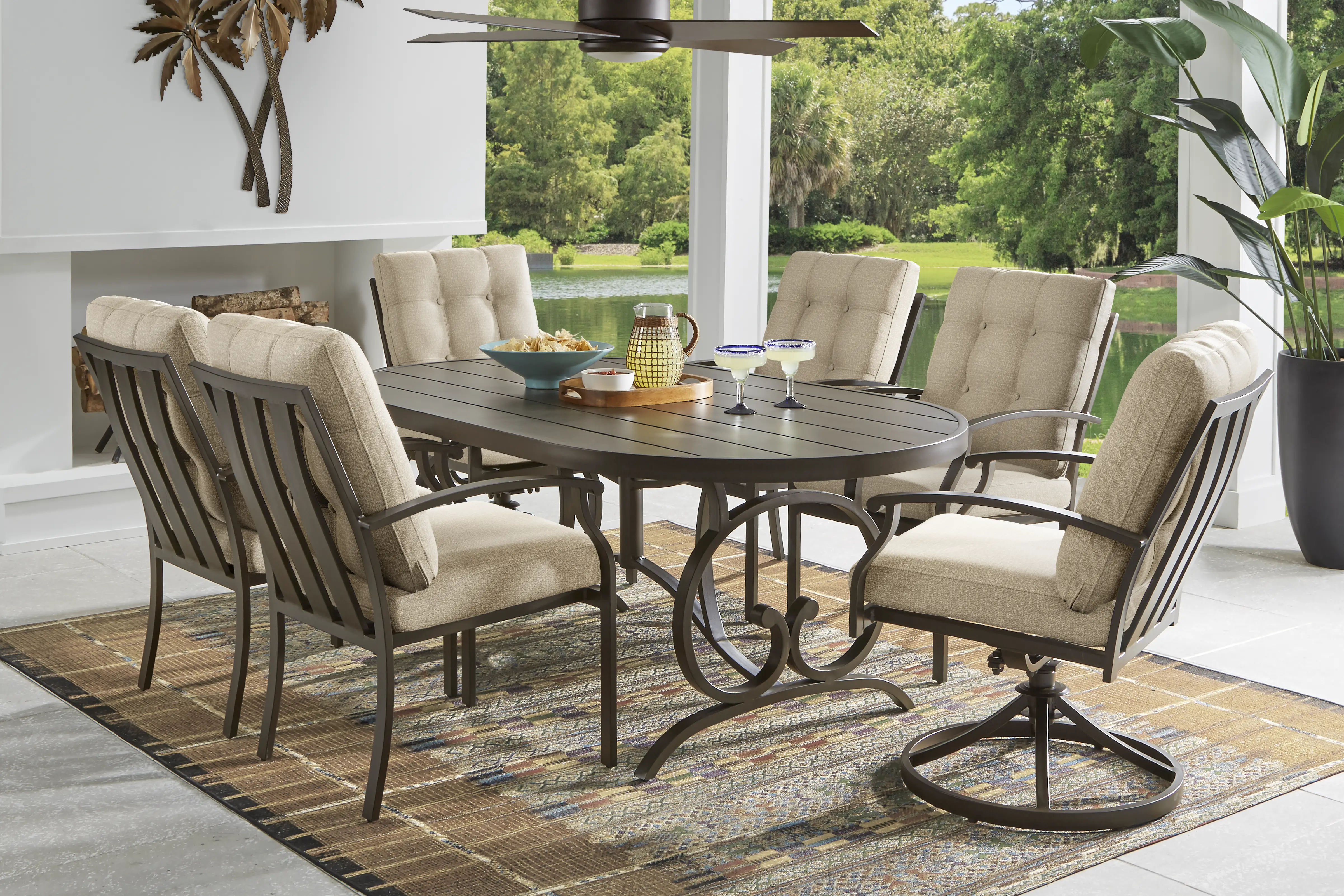 Lake Breeze Aged Bronze 7 Pc Oval Outdoor Dining Set with Hemp-Colored Cushions - Thumbnail - Image 1