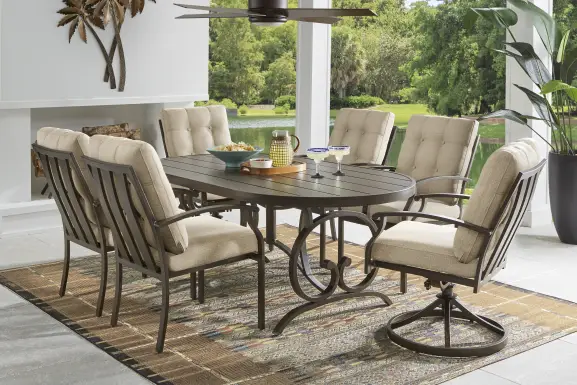 Lake Breeze Aged Bronze 7 Pc Oval Outdoor Dining Set with Hemp-Colored Cushions
