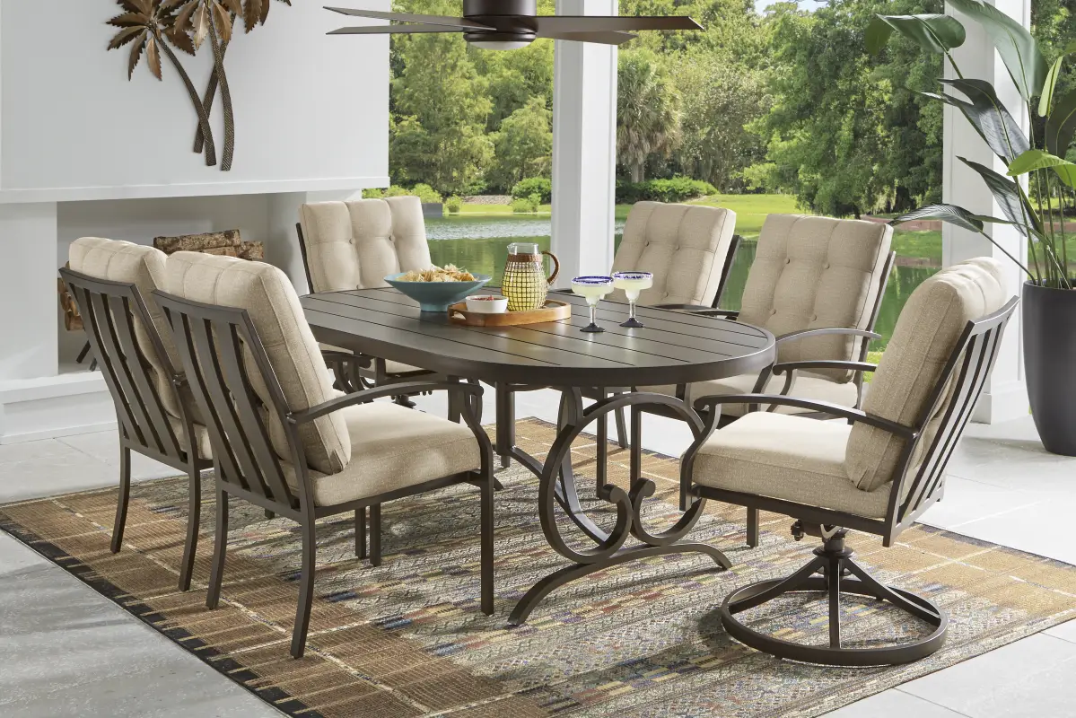 Lake Breeze Aged Bronze 5 Pc Oval Outdoor Dining Set with Hemp-Colored Cushions